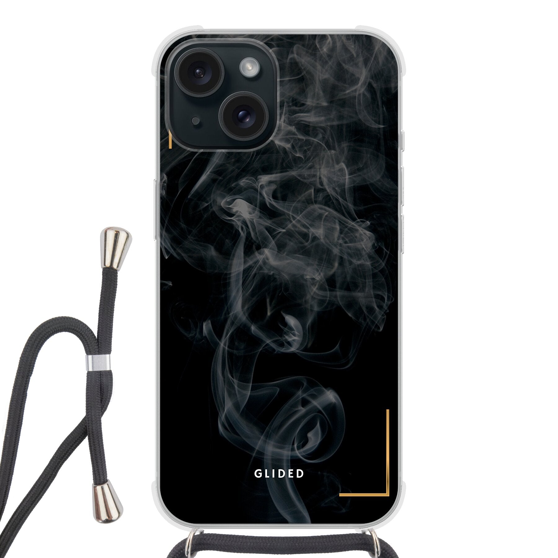 Elegante Black Mystery iPhone 15 Handyhülle mit geheimnisvollem Rauchdesign auf dunklem Hintergrund.