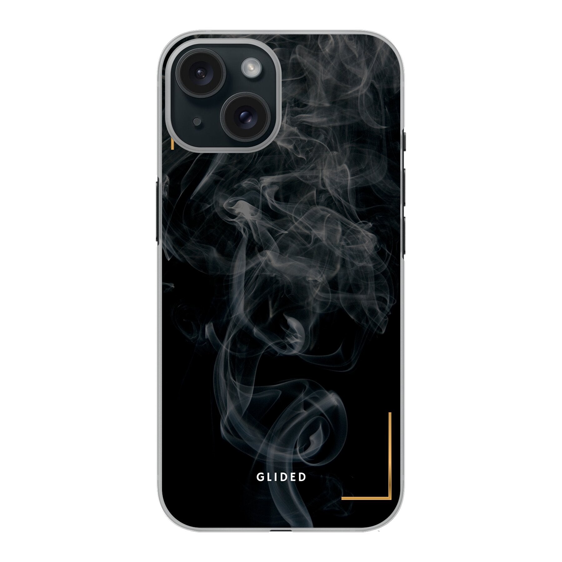 Elegante Black Mystery iPhone 15 Handyhülle mit geheimnisvollem Rauchdesign auf dunklem Hintergrund.