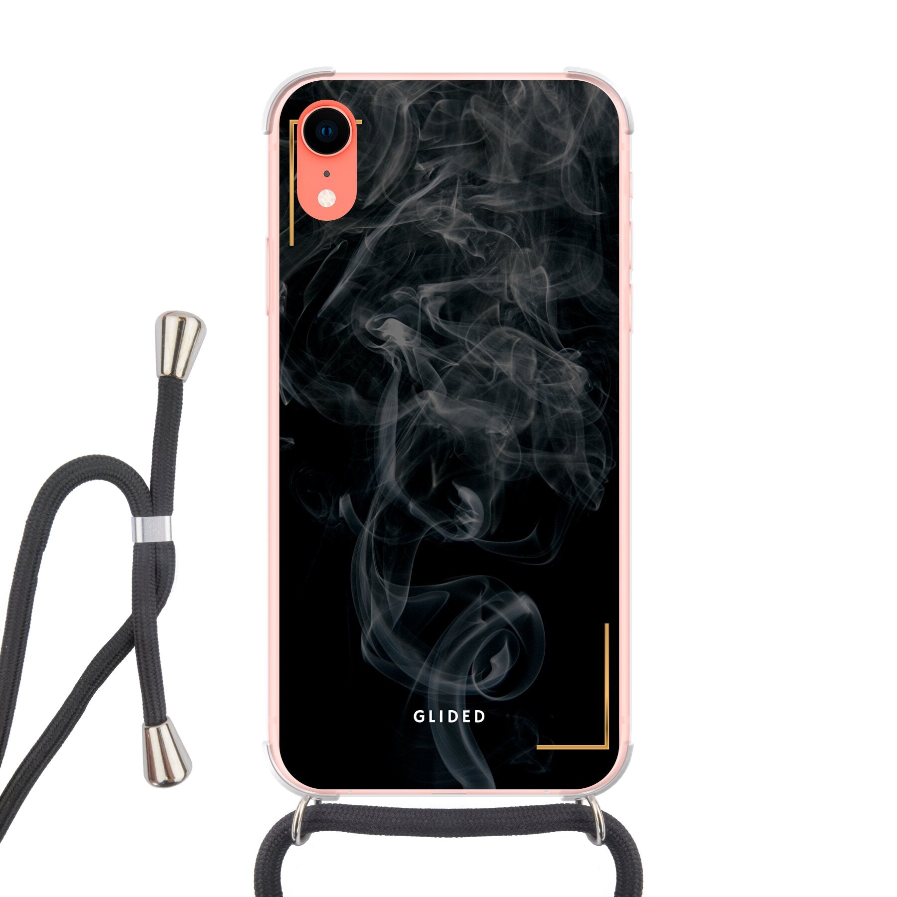 Elegante Black Mystery iPhone XR Handyhülle mit mysteriösem Rauchdesign auf dunklem Hintergrund.