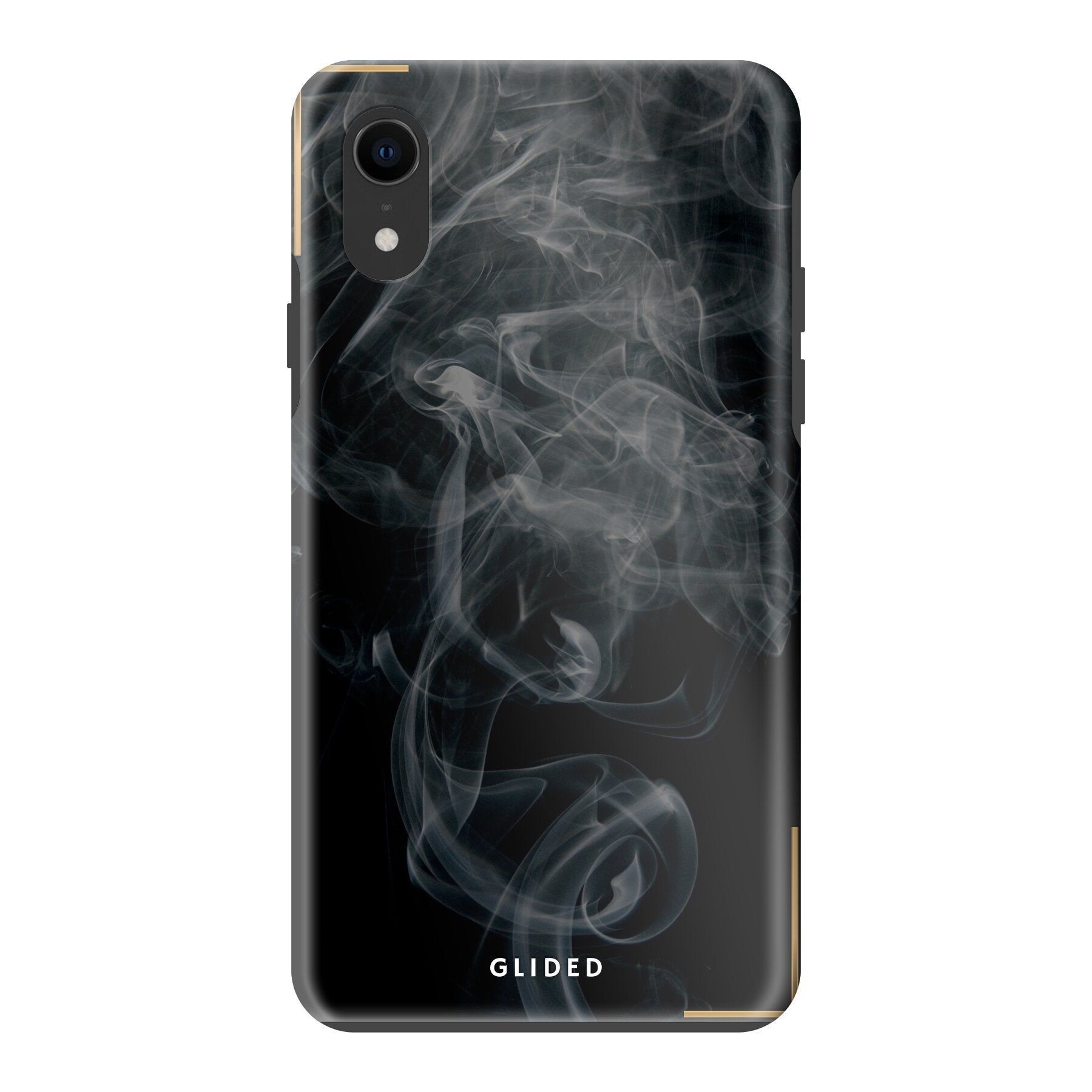 Elegante Black Mystery iPhone XR Handyhülle mit mysteriösem Rauchdesign auf dunklem Hintergrund.