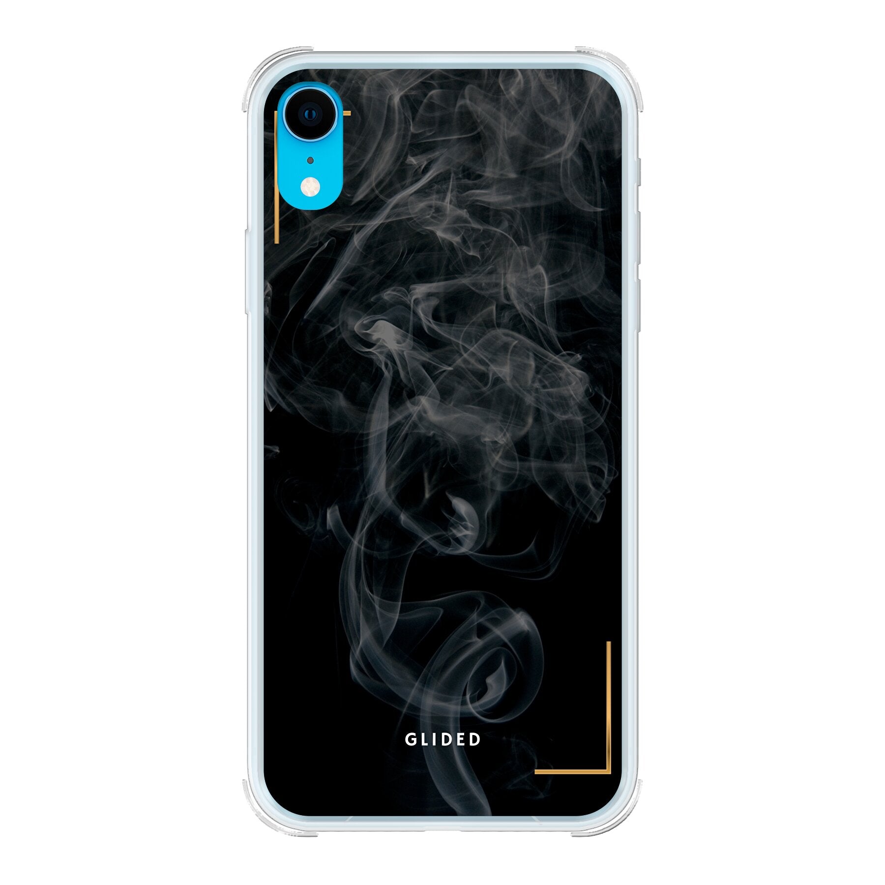 Elegante Black Mystery iPhone XR Handyhülle mit mysteriösem Rauchdesign auf dunklem Hintergrund.