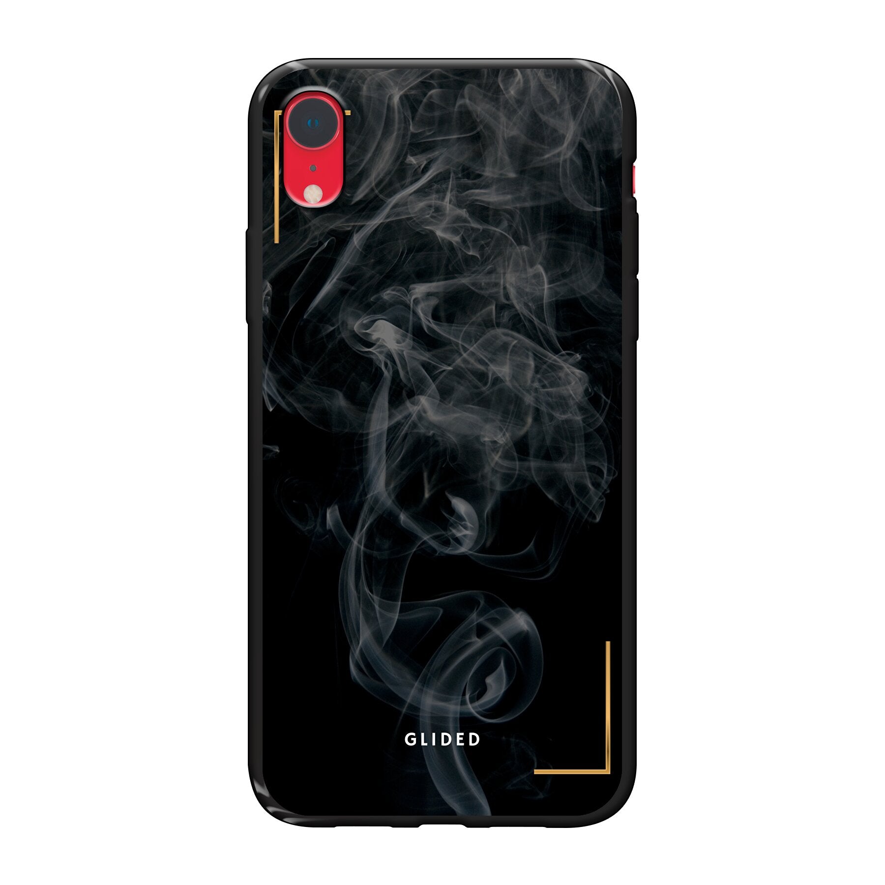 Elegante Black Mystery iPhone XR Handyhülle mit mysteriösem Rauchdesign auf dunklem Hintergrund.