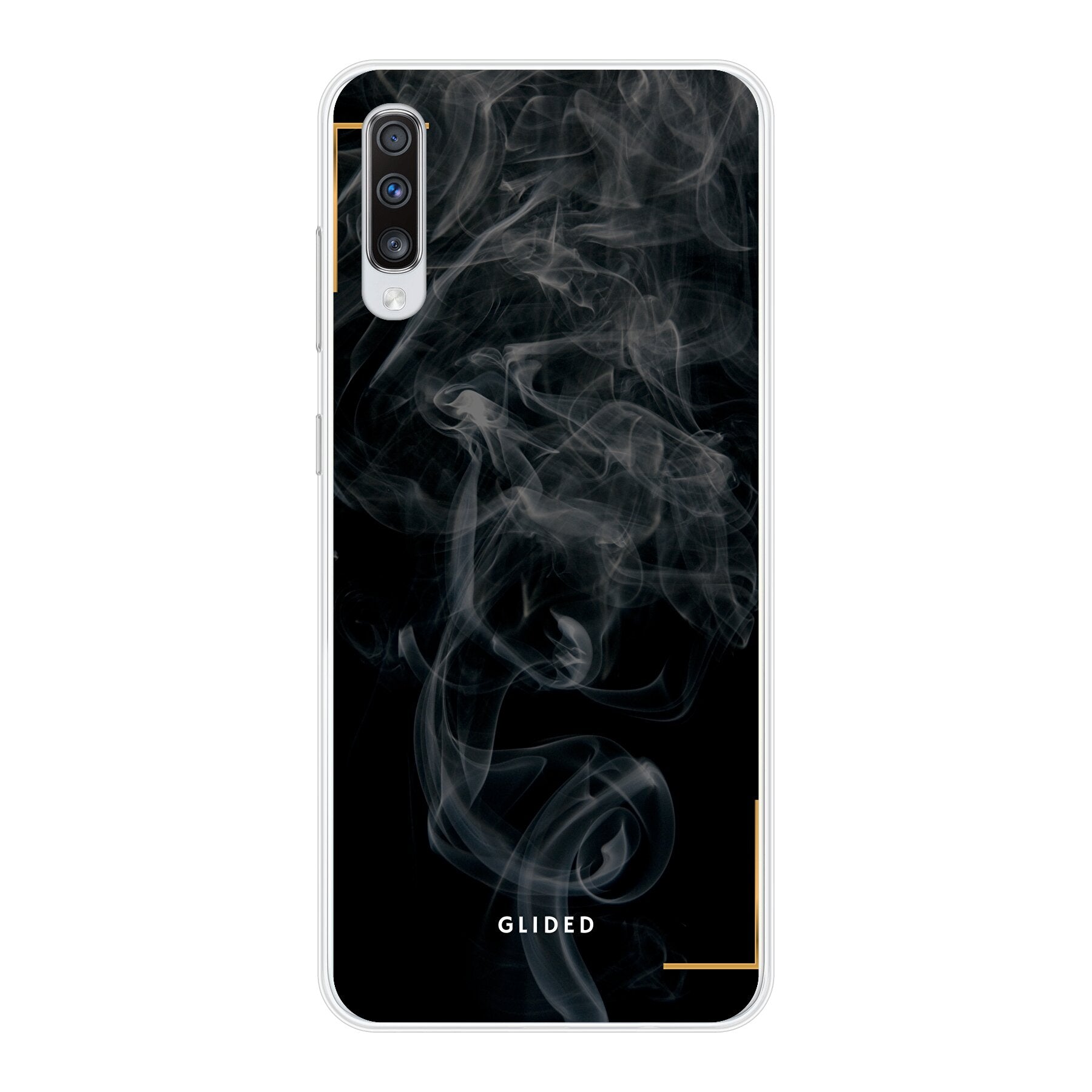 Black Mystery Handyhülle für Samsung Galaxy A70 mit geheimnisvollem Rauchdesign auf dunklem Hintergrund.