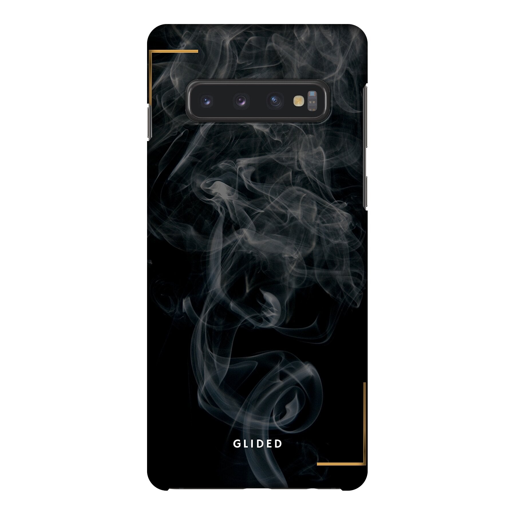 Schwarze Handyhülle für Samsung Galaxy S10 mit mysteriösem Rauchdesign auf dunklem Hintergrund.