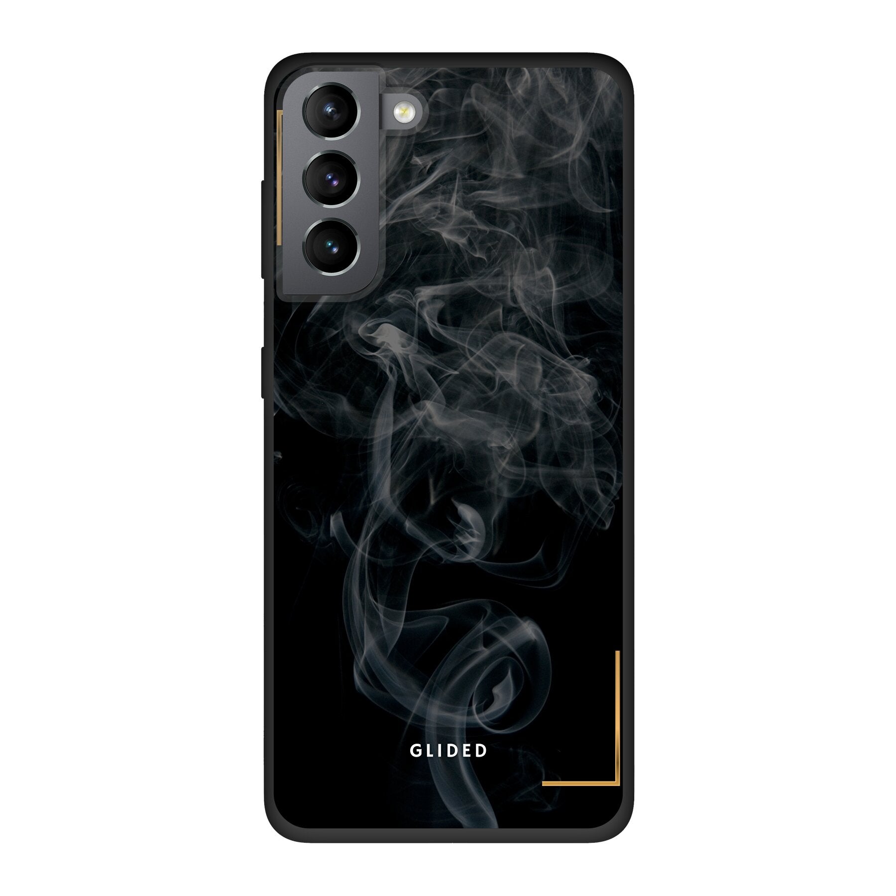 Schwarze Handyhülle für Samsung Galaxy S10 mit mysteriösem Rauchdesign auf dunklem Hintergrund.