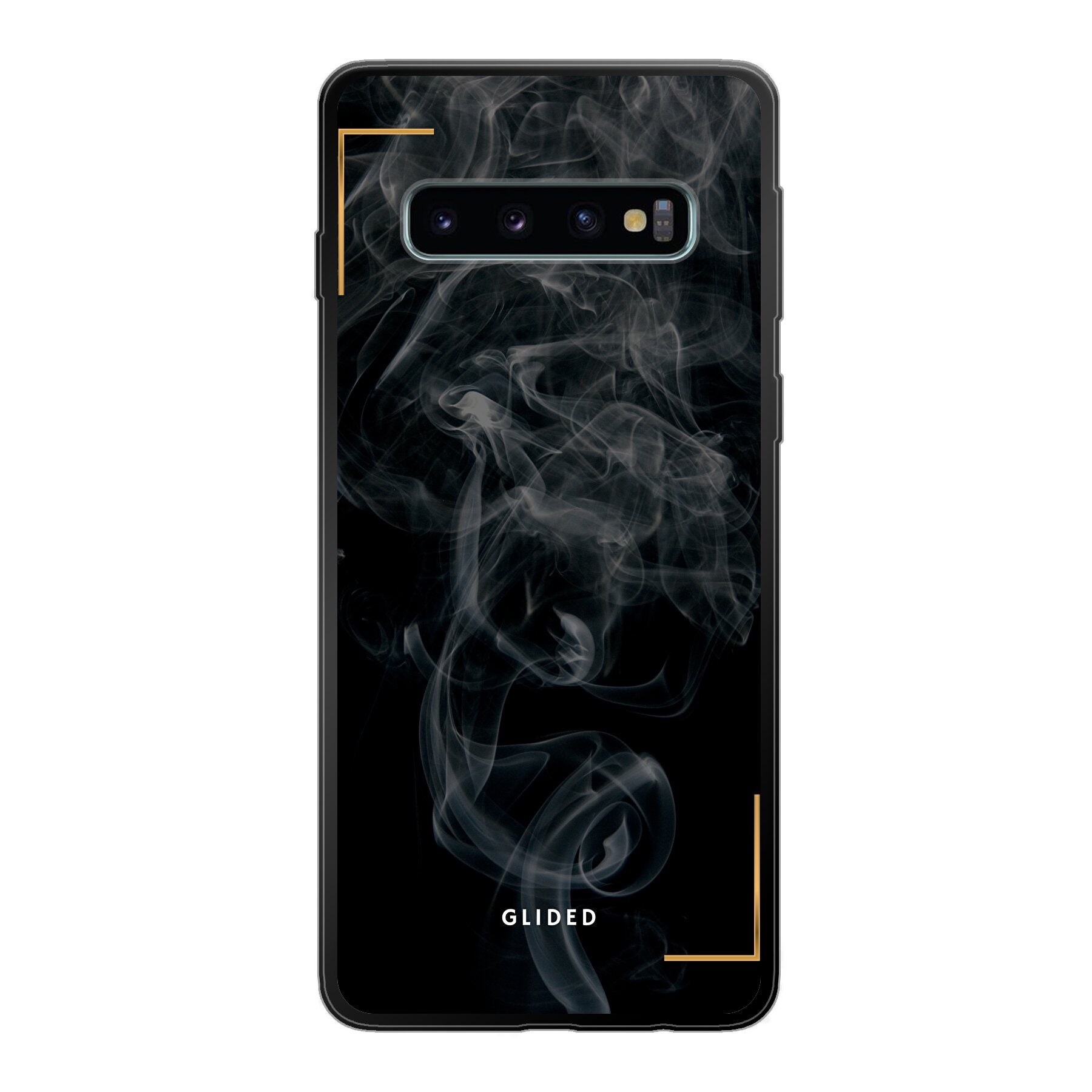 Schwarze Handyhülle für Samsung Galaxy S10 mit mysteriösem Rauchdesign auf dunklem Hintergrund.