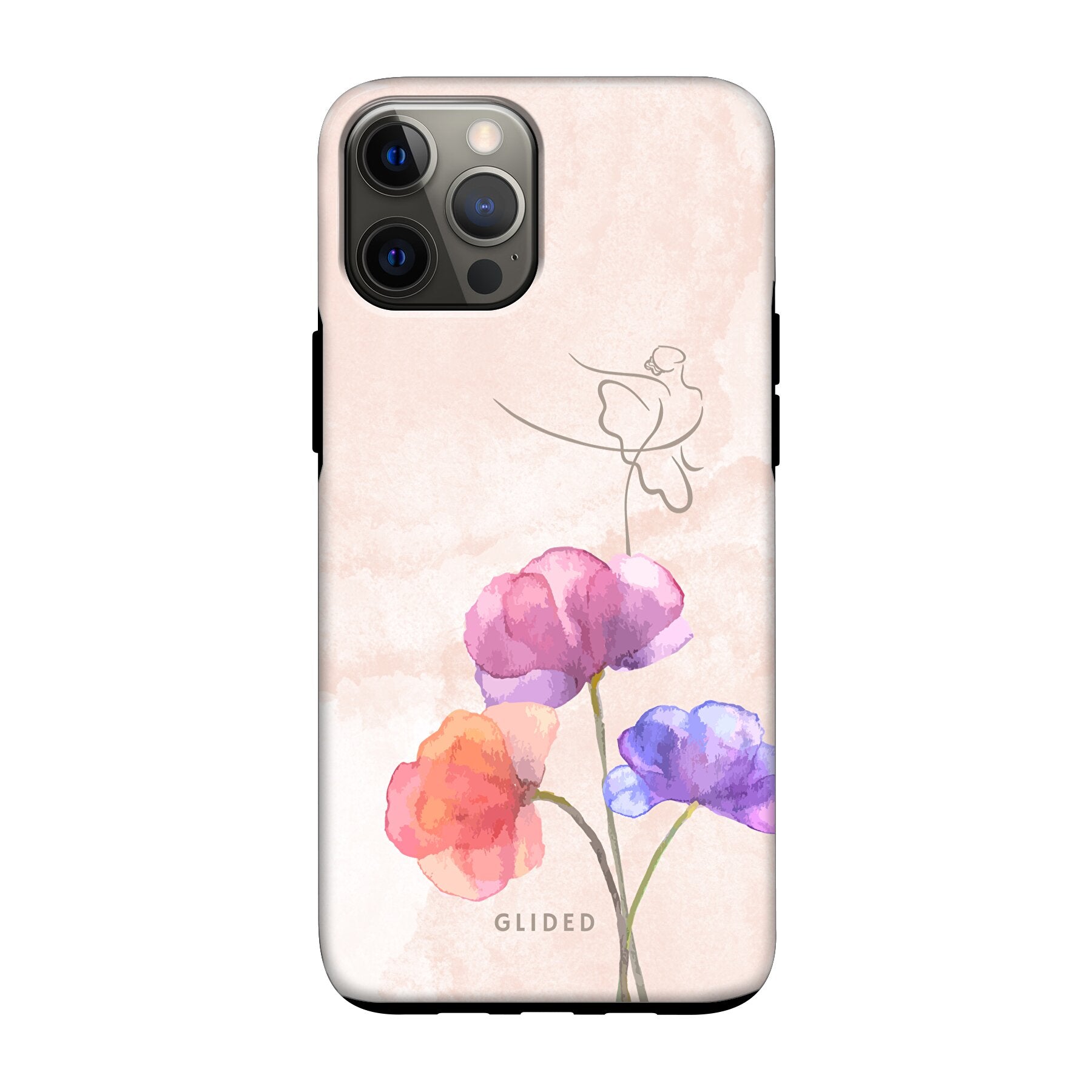 Blossom iPhone 12 Handyhülle mit Ballerina-Design in zarten Pastellfarben, die auf einer Blume steht.