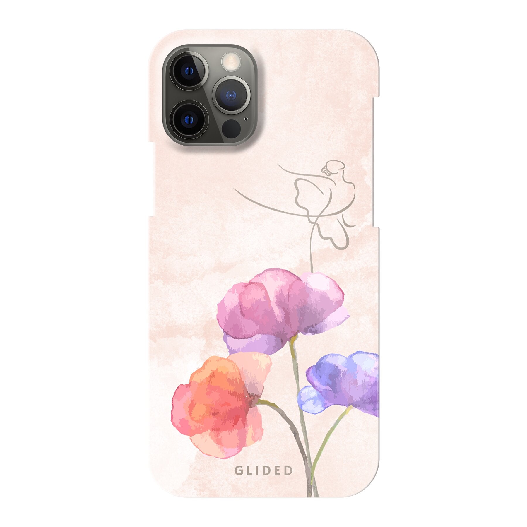 Blossom iPhone 12 Handyhülle mit Ballerina-Design in zarten Pastellfarben, die auf einer Blume steht.