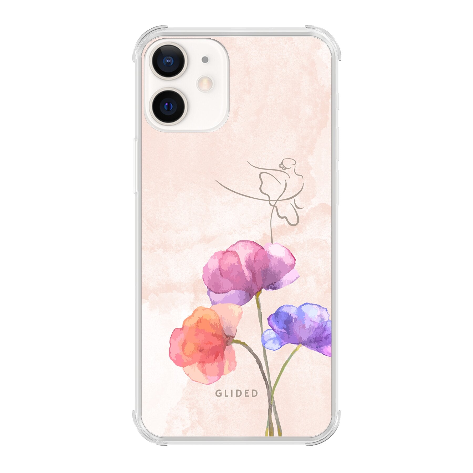 Blossom iPhone 12 Handyhülle mit Ballerina-Design in zarten Pastellfarben, die auf einer Blume steht.