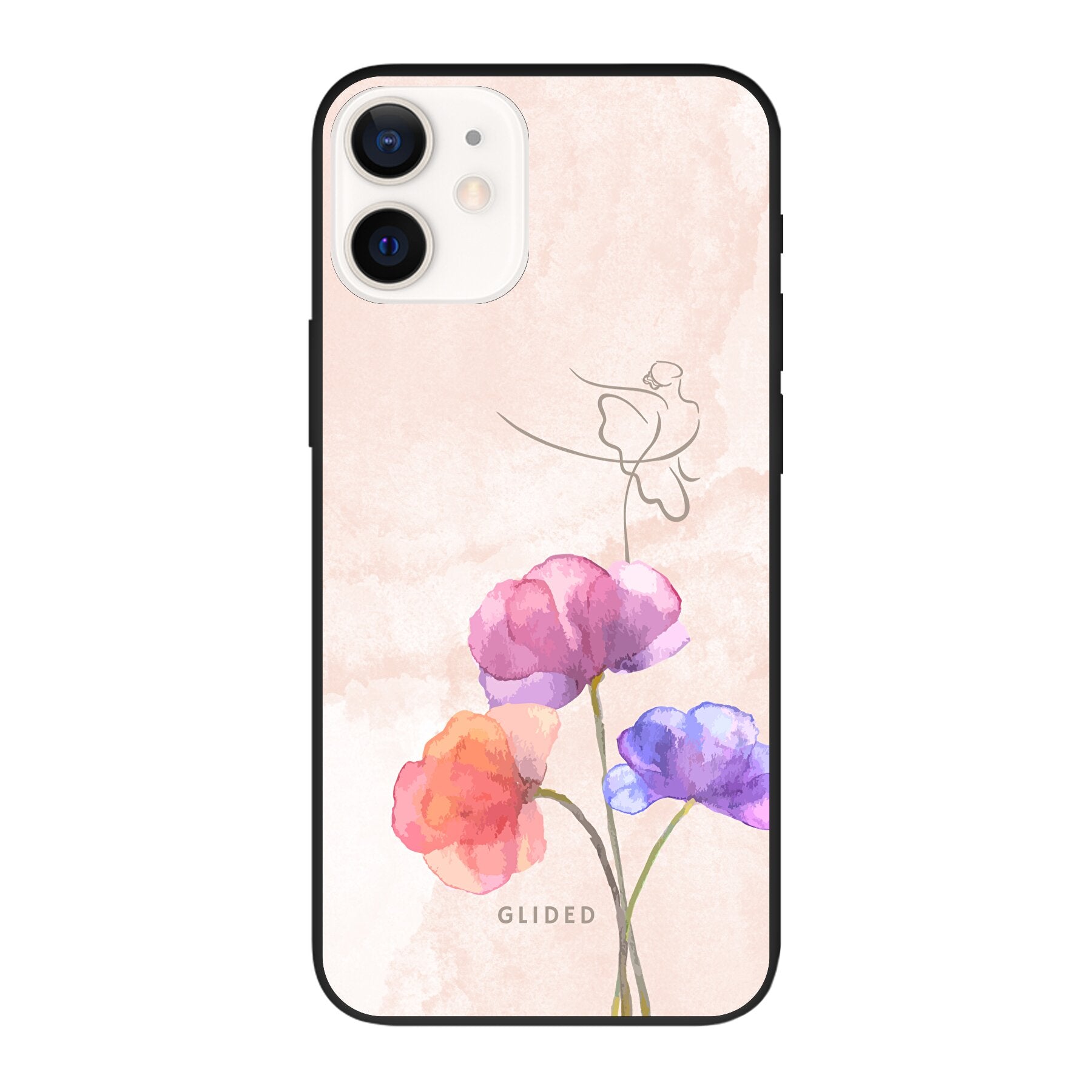 Blossom iPhone 12 Handyhülle mit Ballerina-Design in zarten Pastellfarben, die auf einer Blume steht.