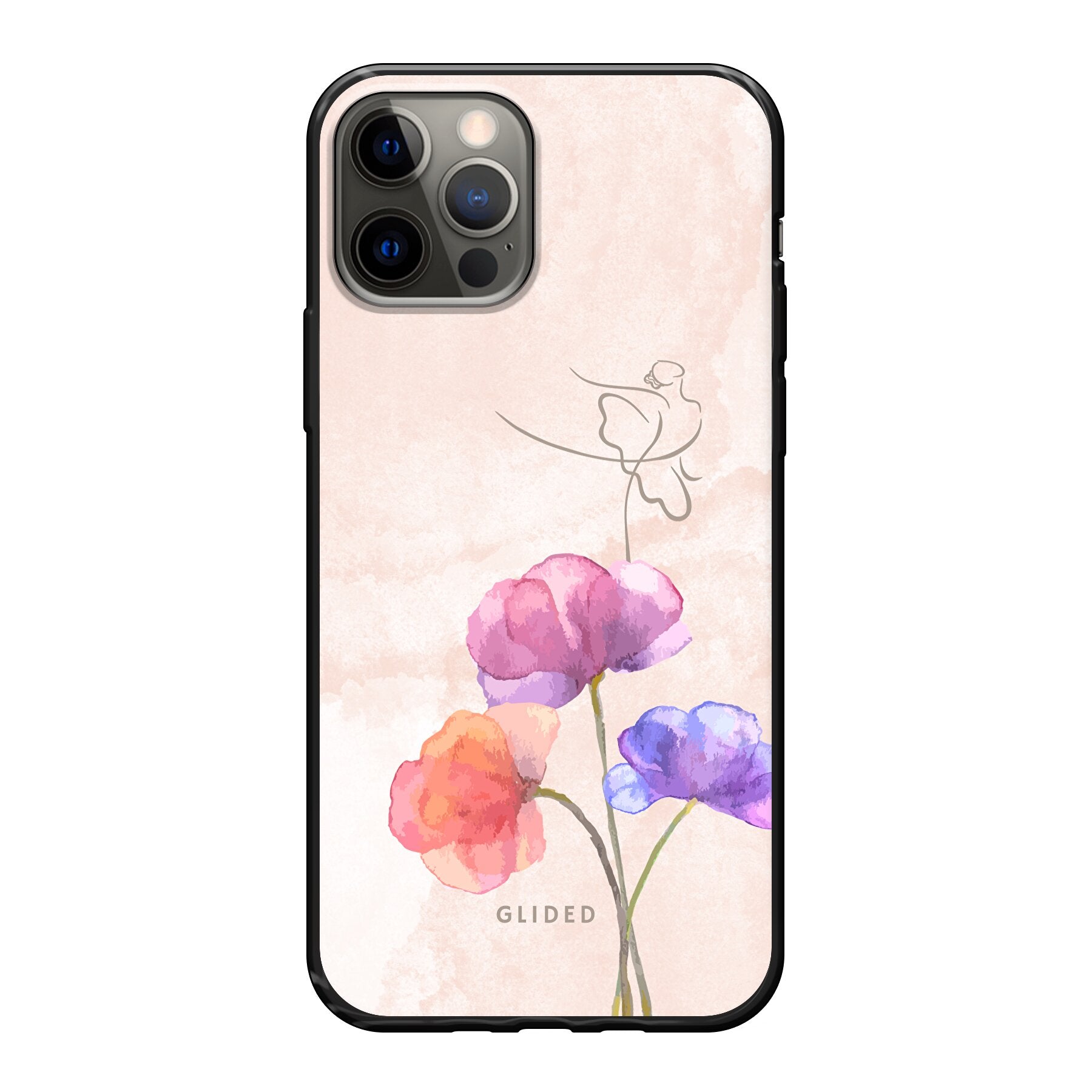 Blossom iPhone 12 Handyhülle mit Ballerina-Design in zarten Pastellfarben, die auf einer Blume steht.