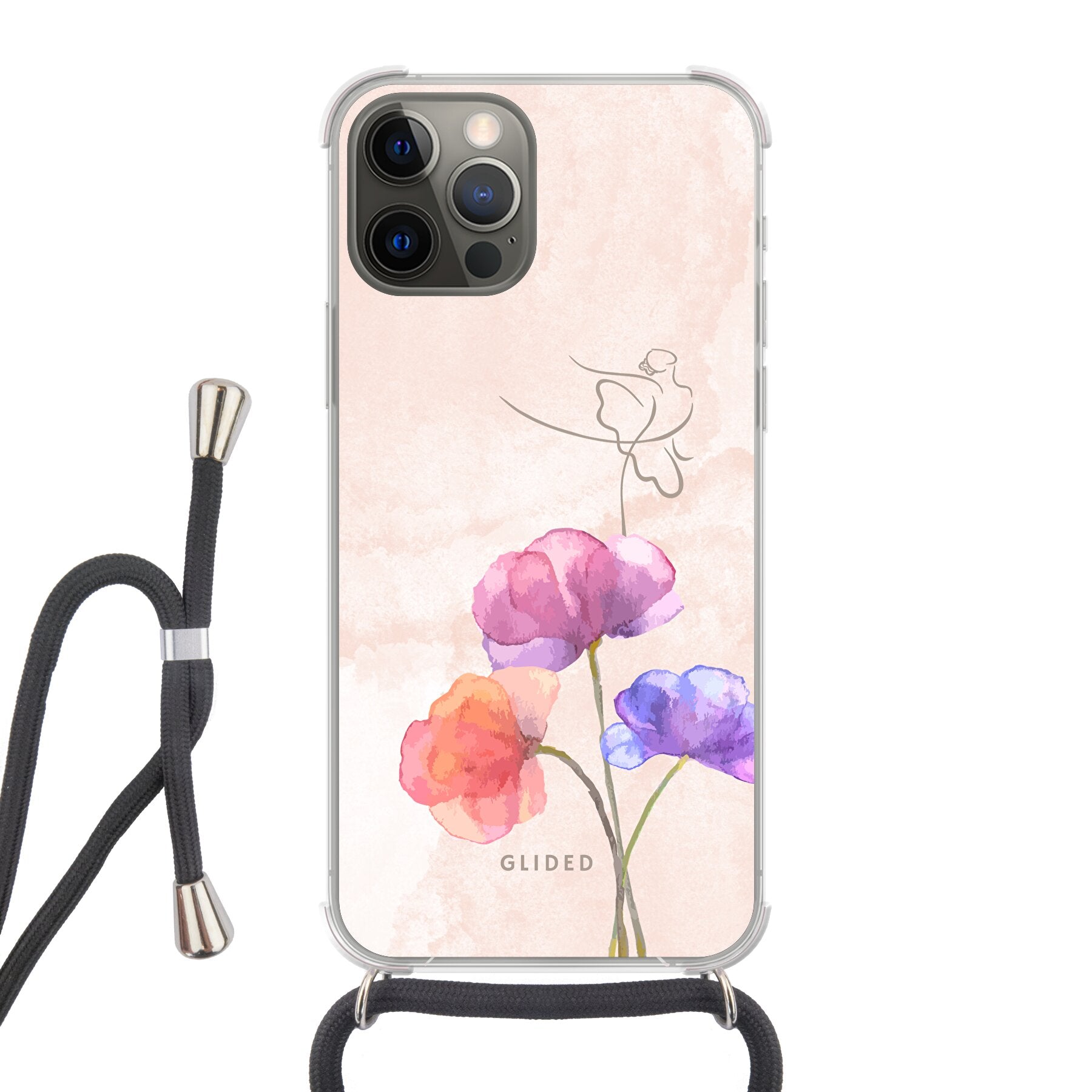 Blossom iPhone 12 Handyhülle mit Ballerina-Design in zarten Pastellfarben, die auf einer Blume steht.