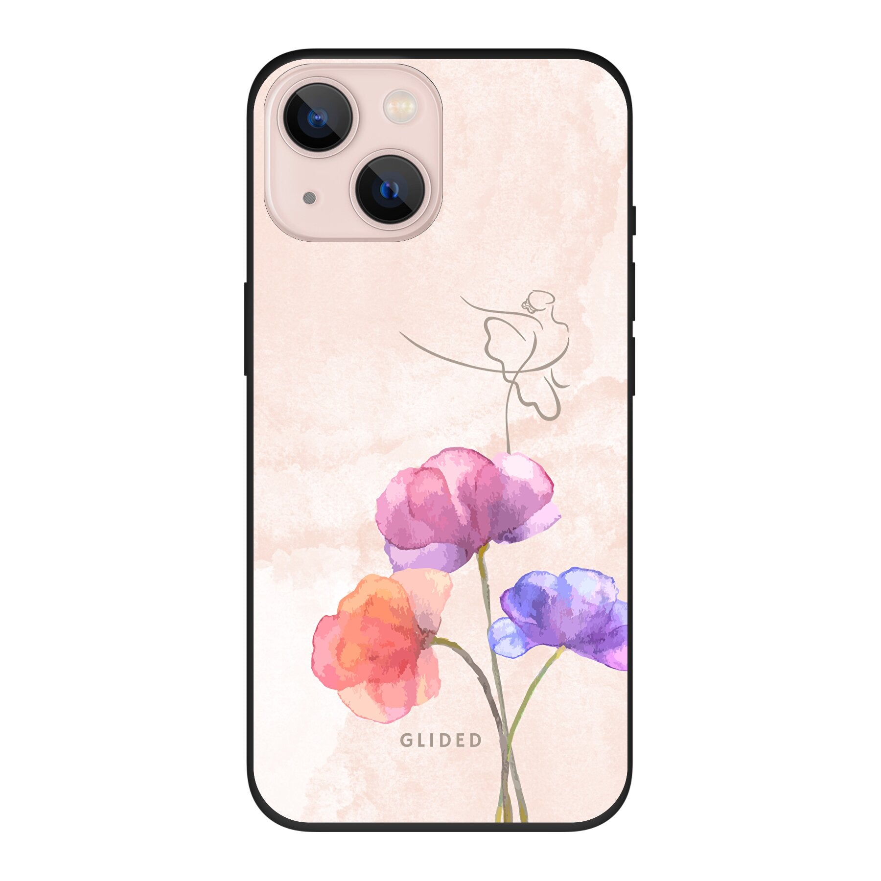 Blossom iPhone 13 Handyhülle mit Ballerina-Design in zarten Pastellfarben, die auf einer Blume tanzt.