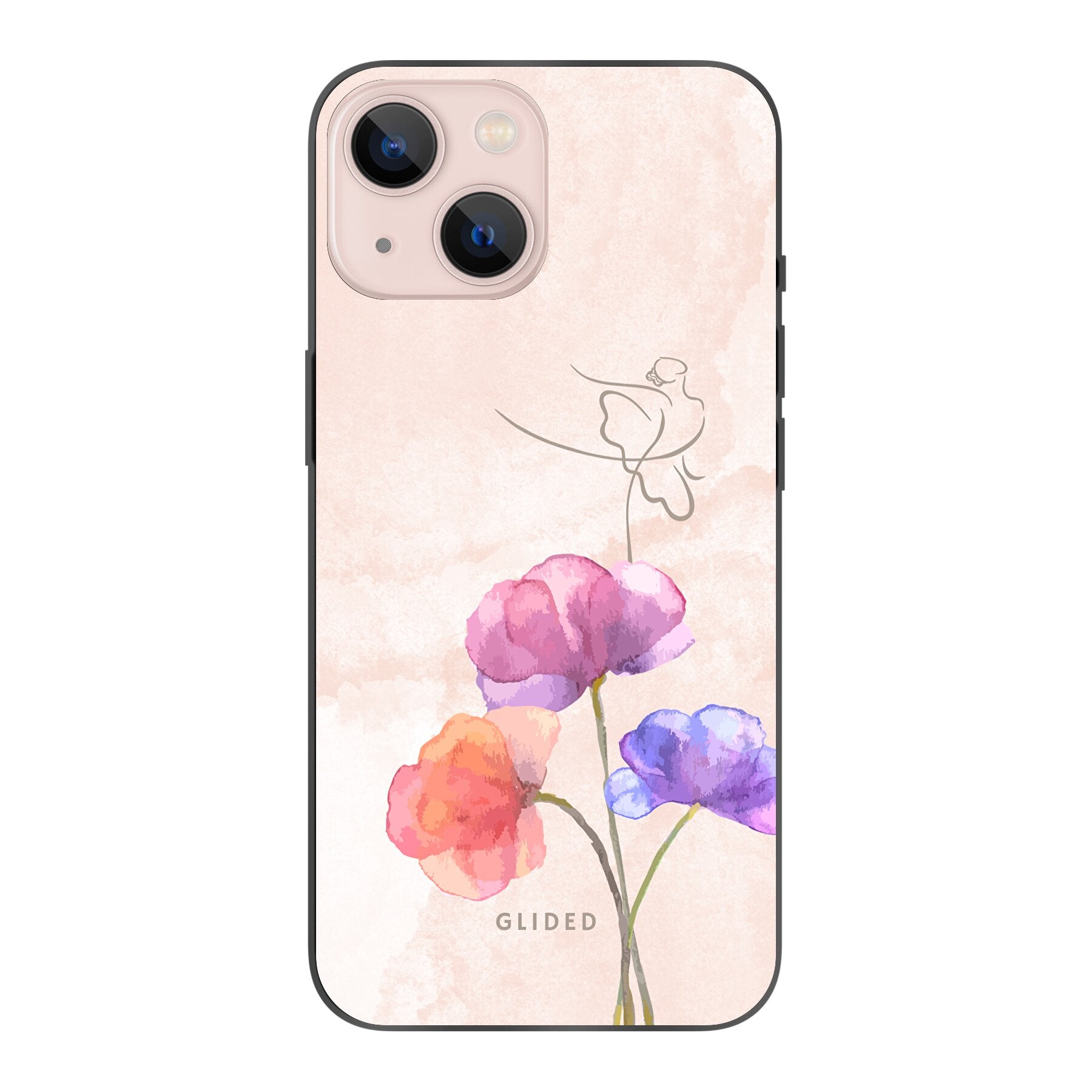 Blossom iPhone 13 Handyhülle mit Ballerina-Design in zarten Pastellfarben, die auf einer Blume tanzt.