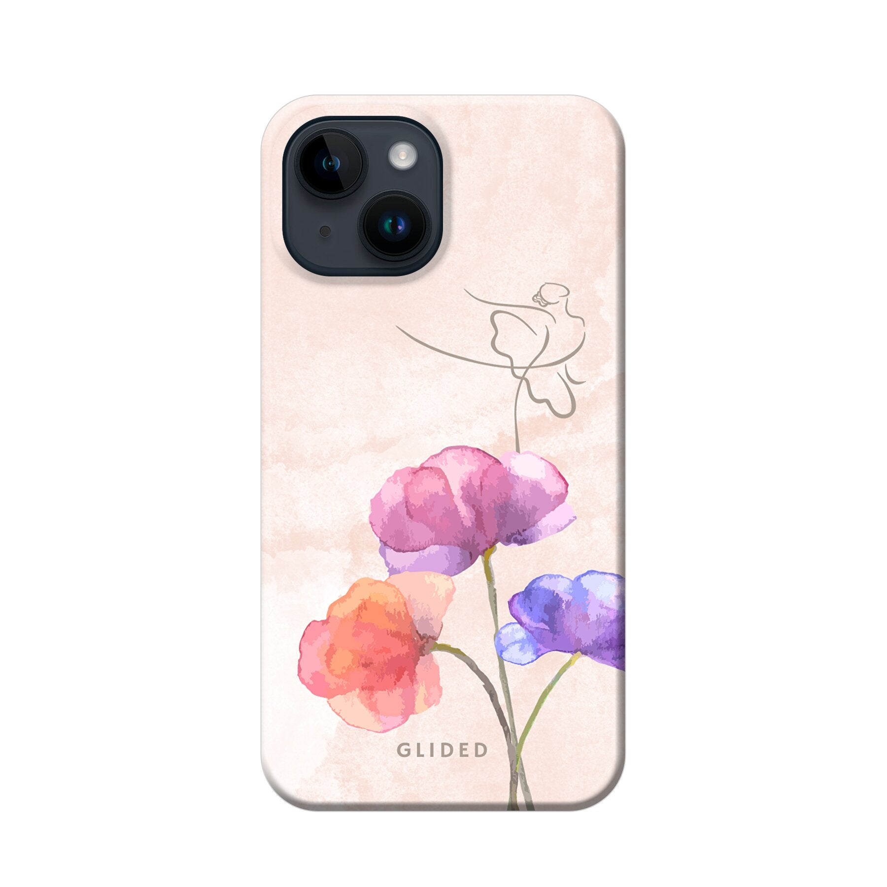 Blossom iPhone 14 Handyhülle mit zartem Ballerina-Design auf einer Blume in Pastellfarben.