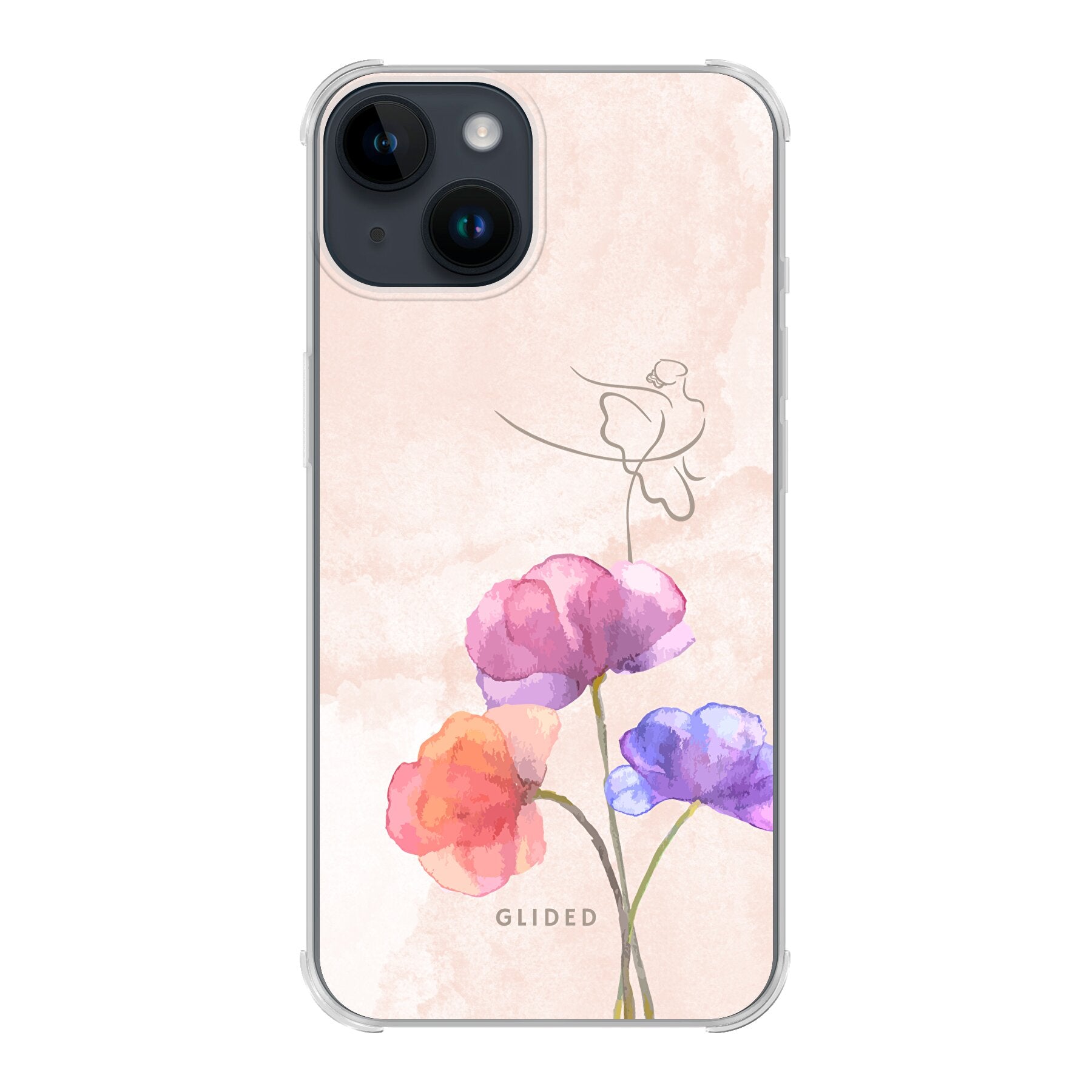 Blossom iPhone 14 Handyhülle mit zartem Ballerina-Design auf einer Blume in Pastellfarben.