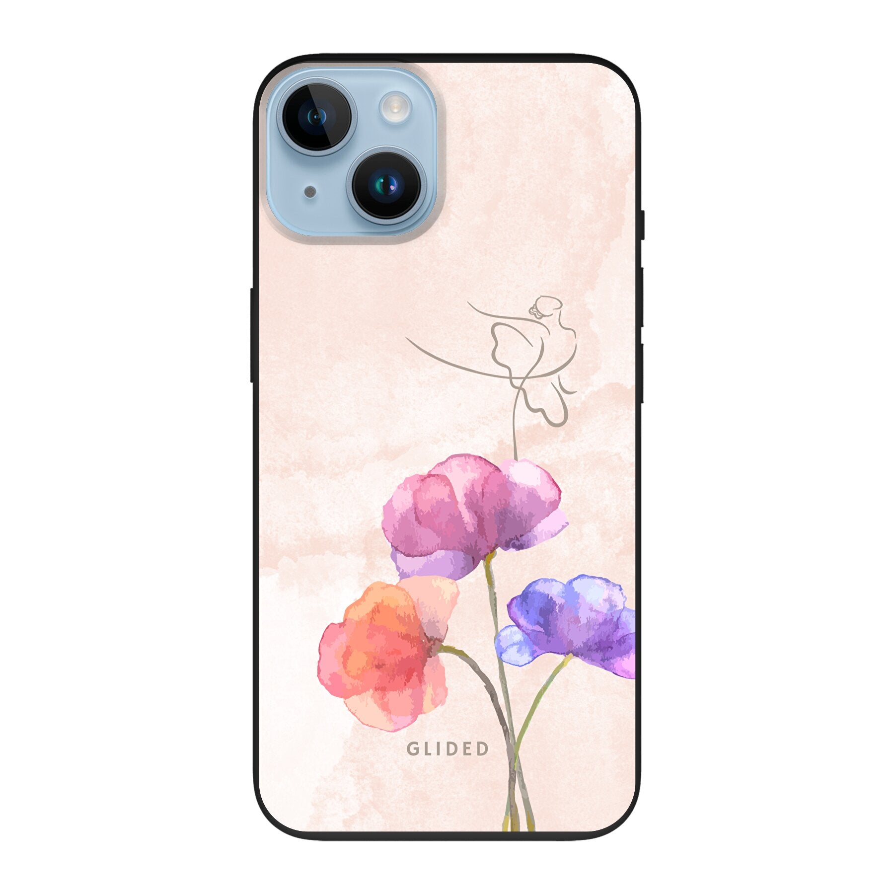 Blossom iPhone 14 Handyhülle mit zartem Ballerina-Design auf einer Blume in Pastellfarben.