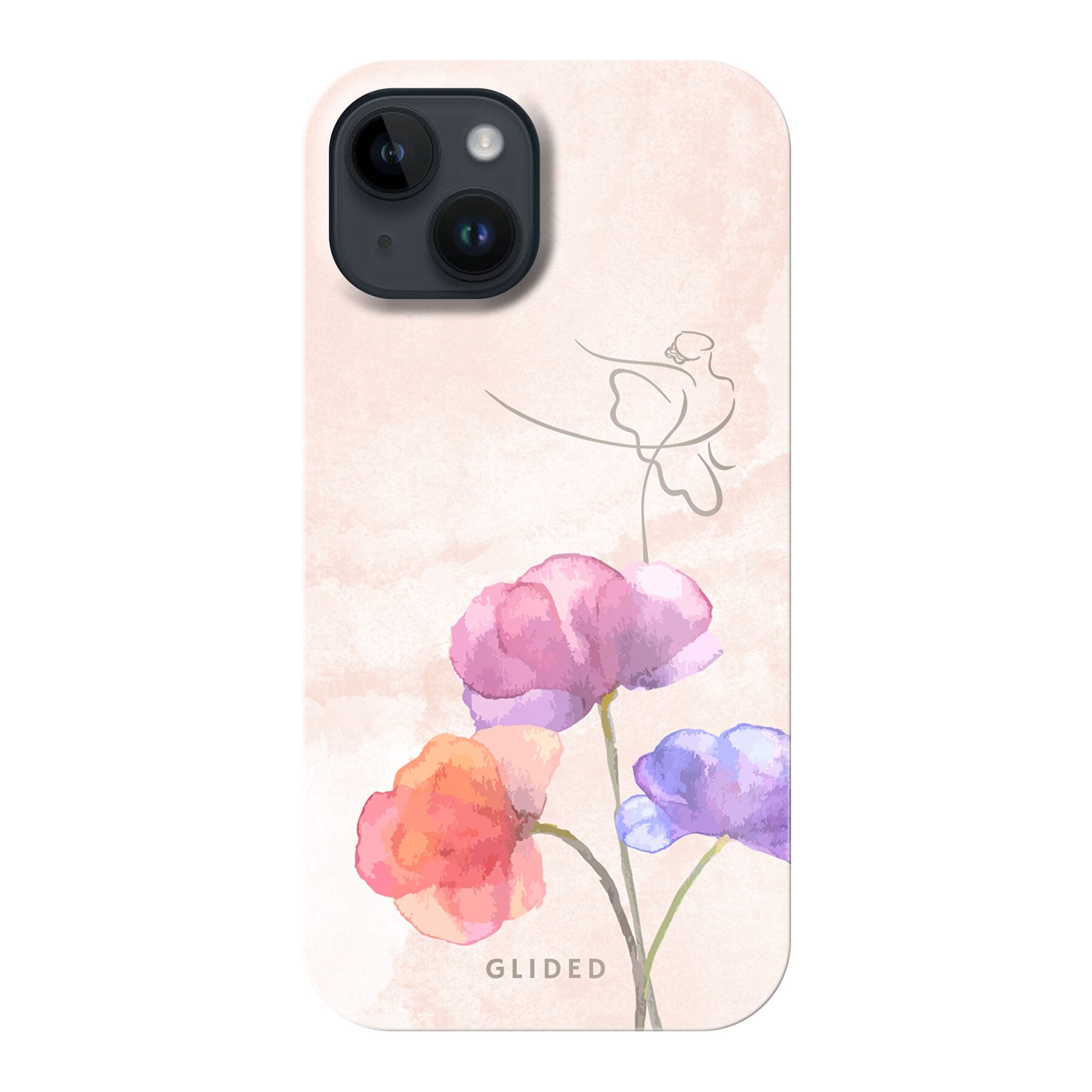 Blossom iPhone 14 Handyhülle mit zartem Ballerina-Design auf einer Blume in Pastellfarben.