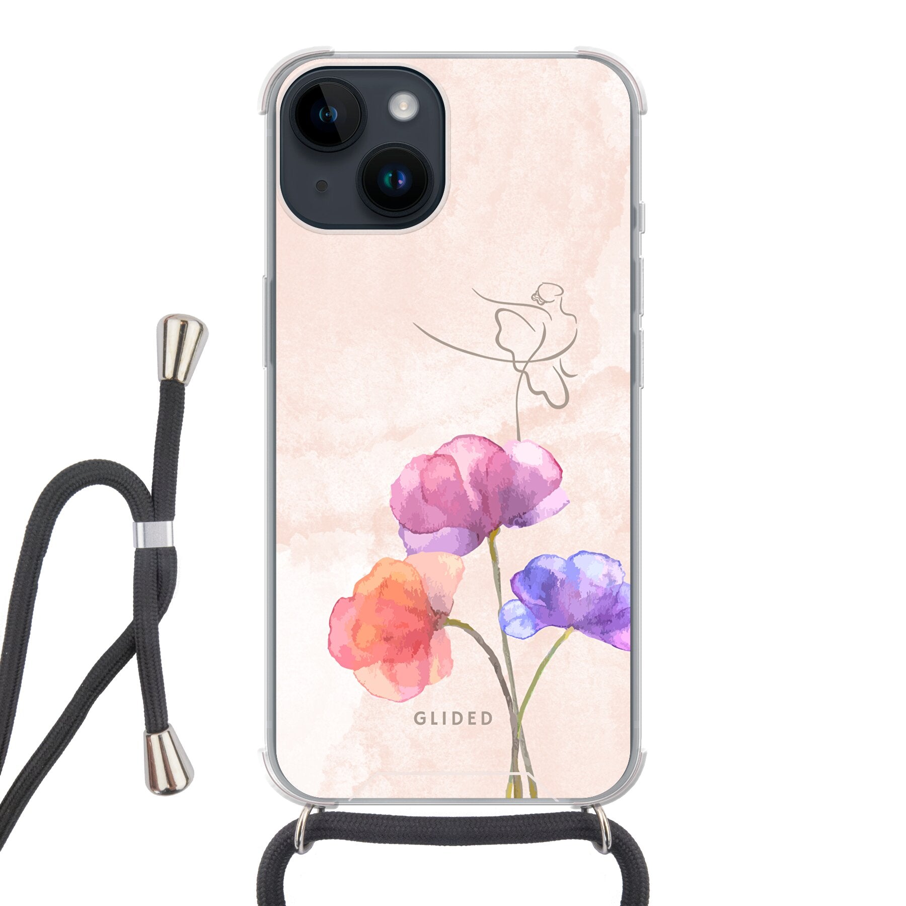 Blossom iPhone 14 Handyhülle mit zartem Ballerina-Design auf einer Blume in Pastellfarben.