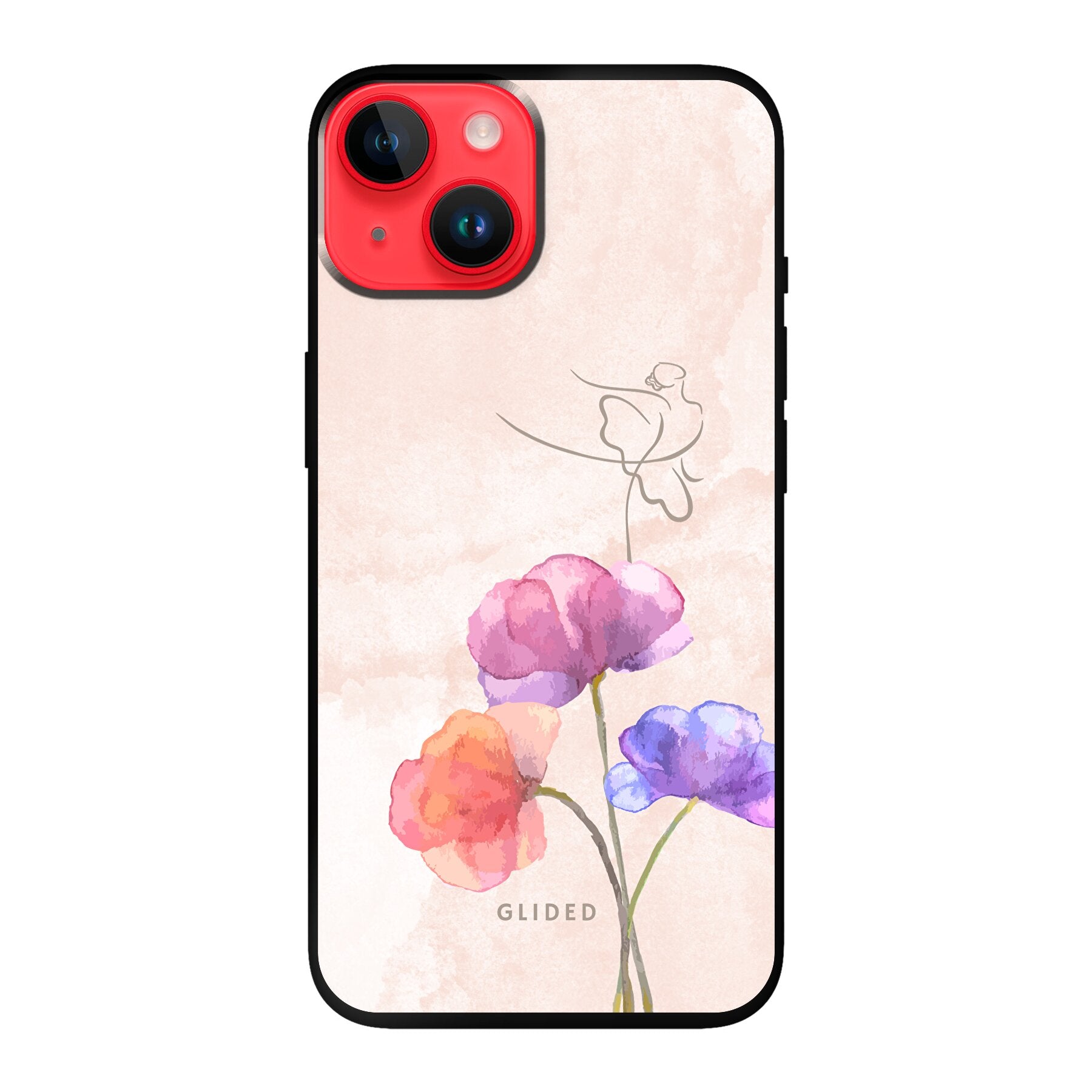 Blossom iPhone 14 Handyhülle mit zartem Ballerina-Design auf einer Blume in Pastellfarben.