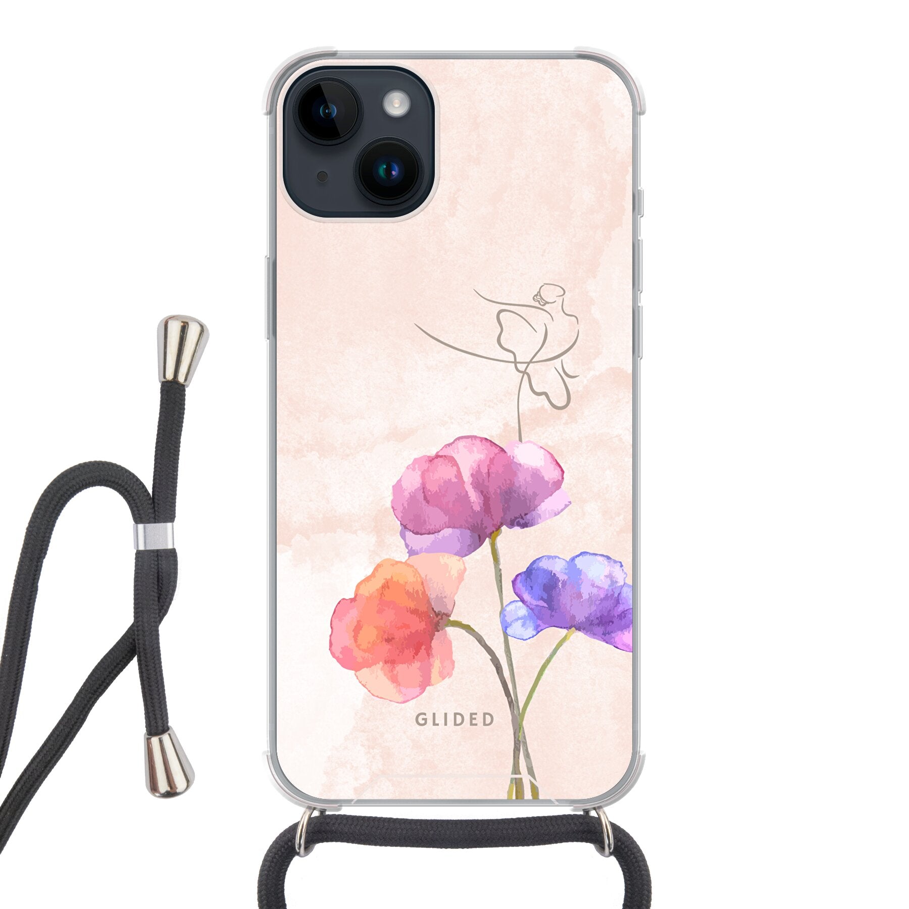 Blossom iPhone 14 Plus Handyhülle mit zarten Pastellfarben und einer Ballerina auf einer Blume, die Eleganz und Natur vereint.