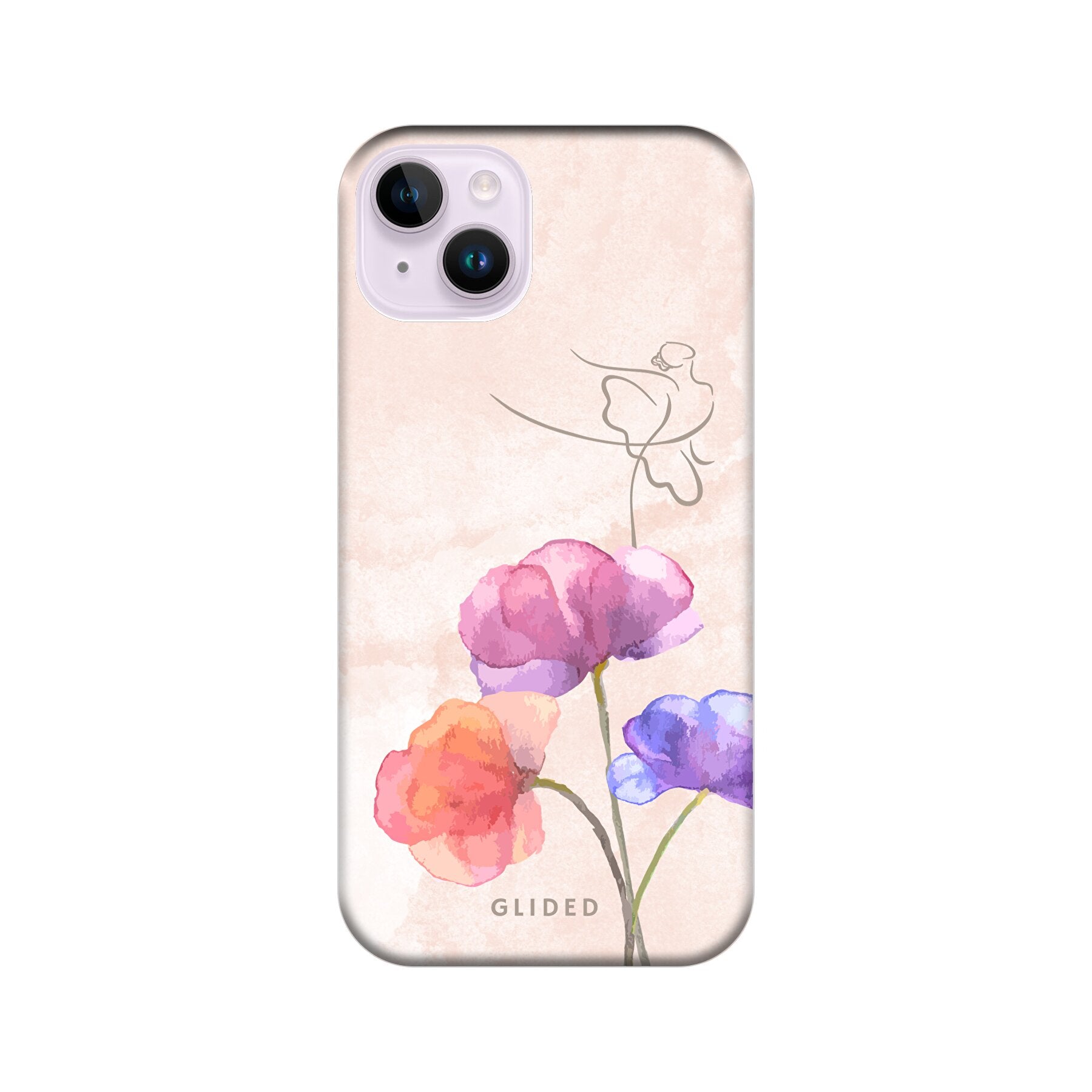 Blossom iPhone 14 Plus Handyhülle mit zarten Pastellfarben und einer Ballerina auf einer Blume, die Eleganz und Natur vereint.