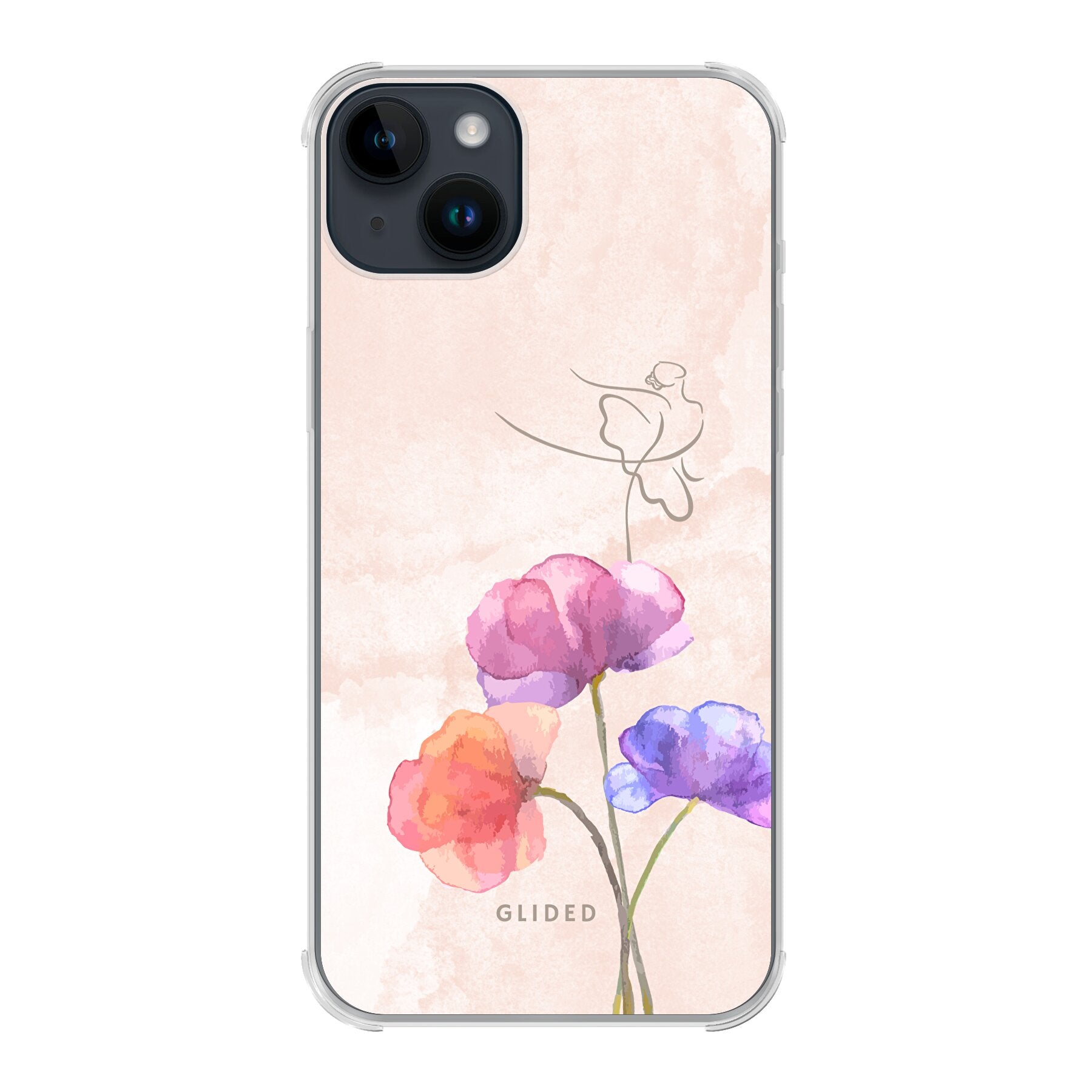 Blossom iPhone 14 Plus Handyhülle mit zarten Pastellfarben und einer Ballerina auf einer Blume, die Eleganz und Natur vereint.