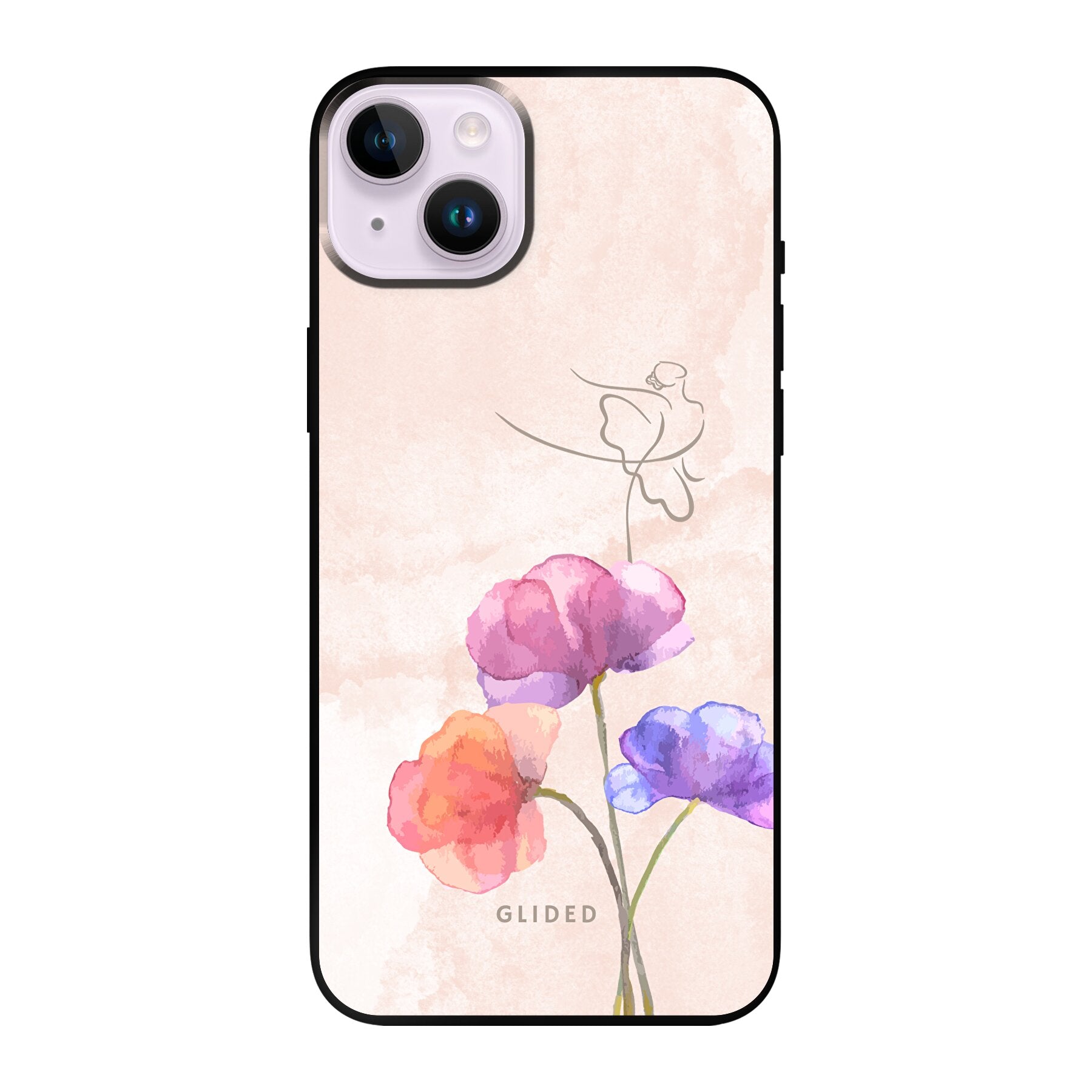 Blossom iPhone 14 Plus Handyhülle mit zarten Pastellfarben und einer Ballerina auf einer Blume, die Eleganz und Natur vereint.