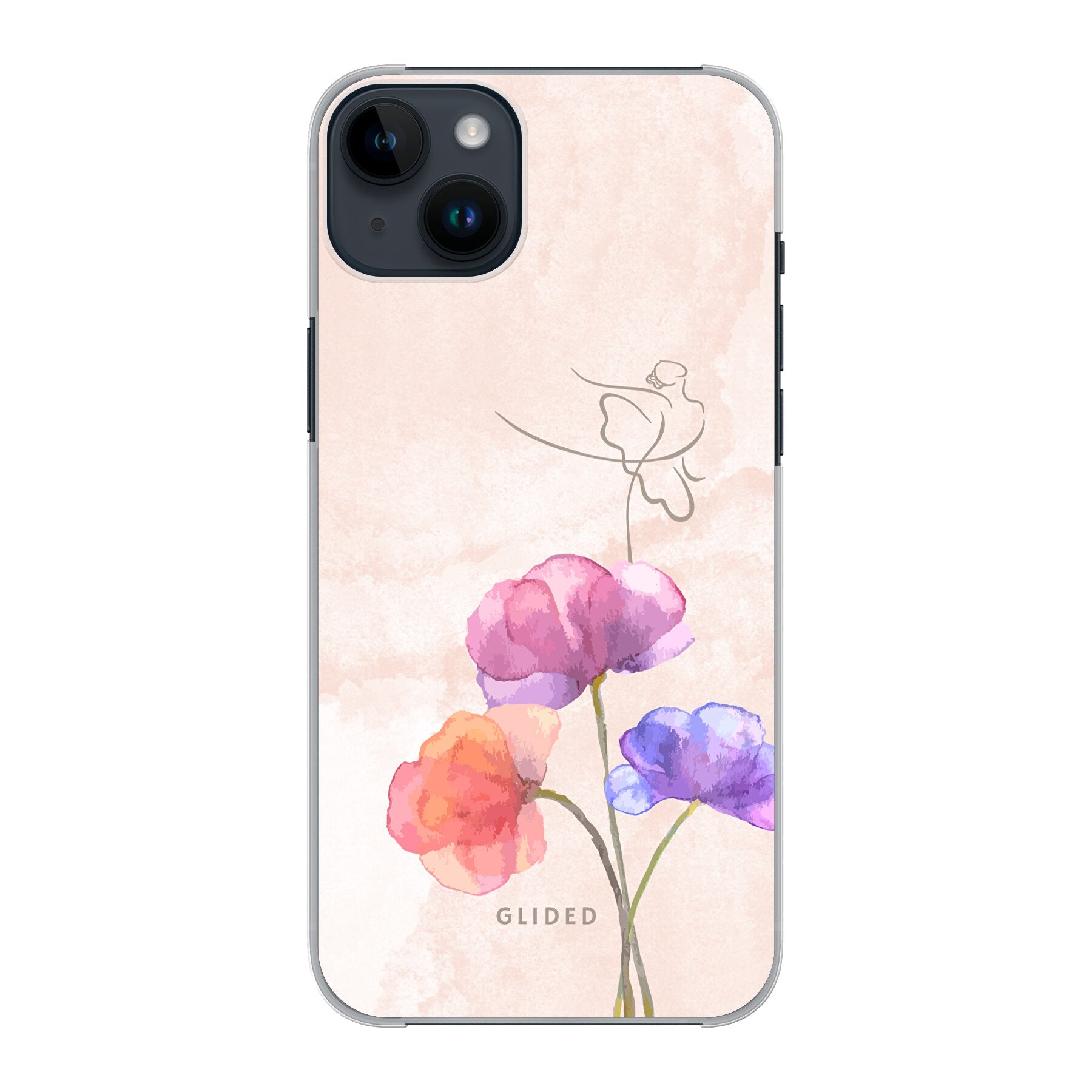 Blossom iPhone 14 Plus Handyhülle mit zarten Pastellfarben und einer Ballerina auf einer Blume, die Eleganz und Natur vereint.