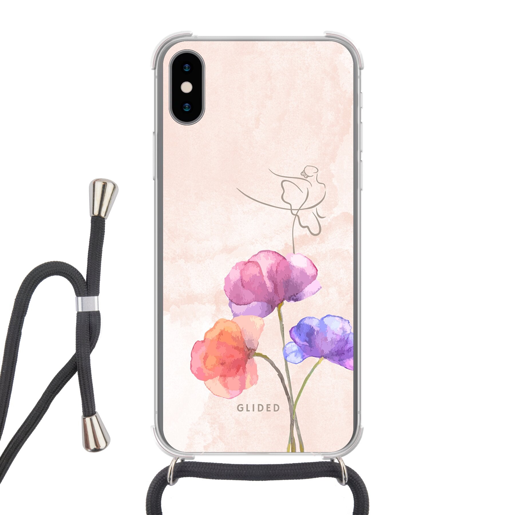 Blossom iPhone X/Xs Handyhülle mit Ballerina-Design auf einer Blume in zarten Pastellfarben.