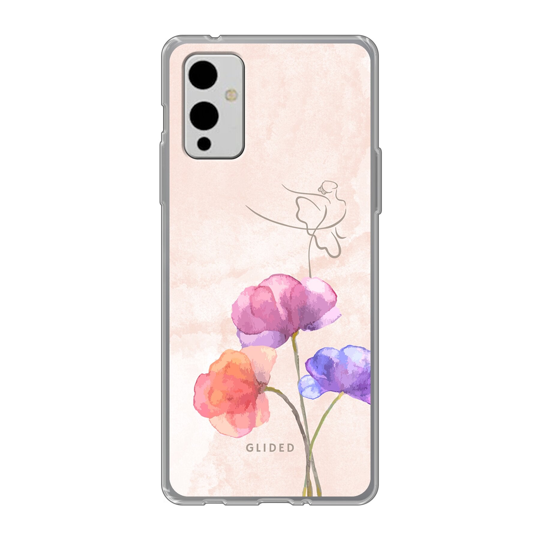 Blossom OnePlus 9 Handyhülle mit Ballerina-Design in zarten Pastellfarben, die auf einer Blume tanzt.