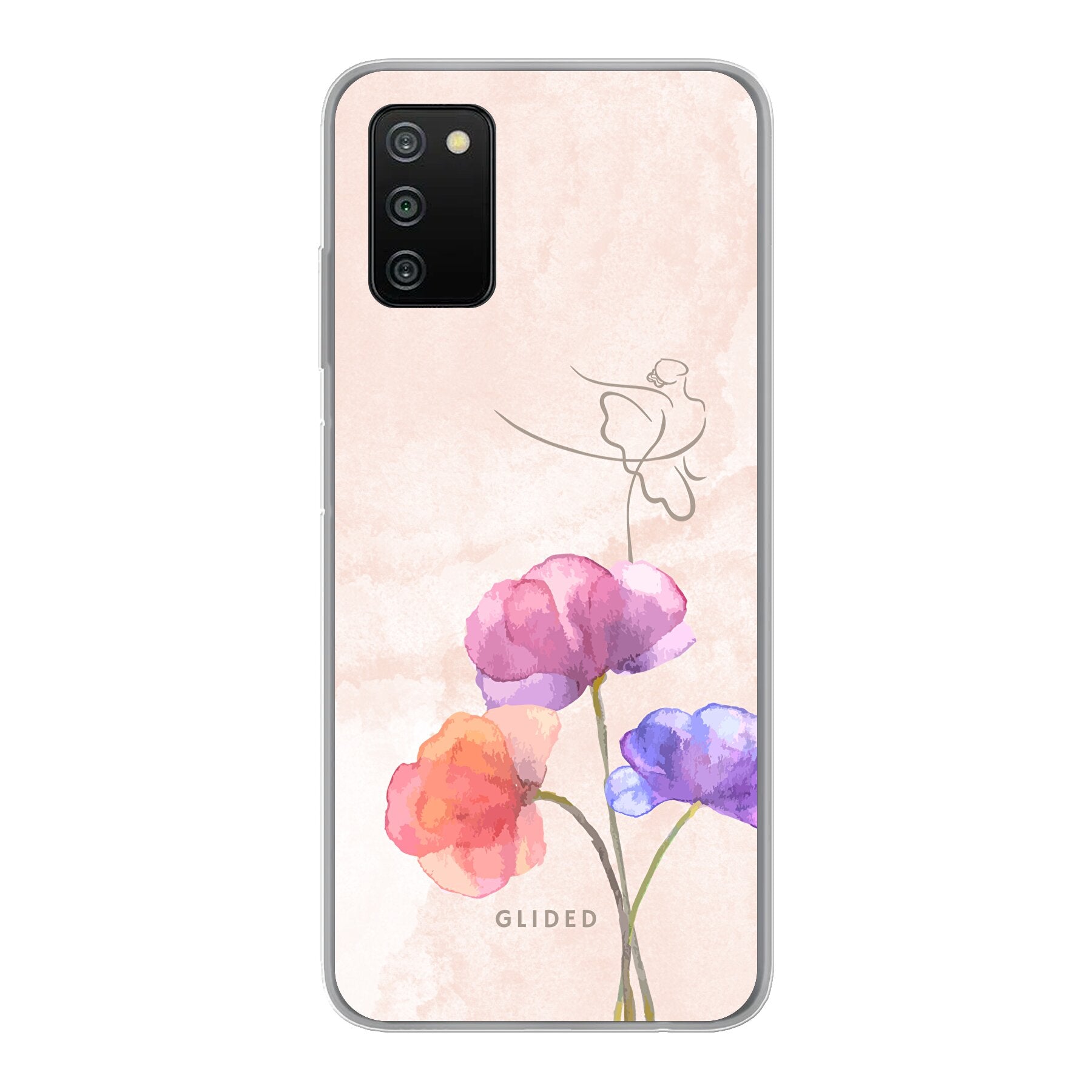 Blossom Handyhülle für Samsung Galaxy A03s mit Ballerina-Design auf einer Blume in zarten Pastellfarben.