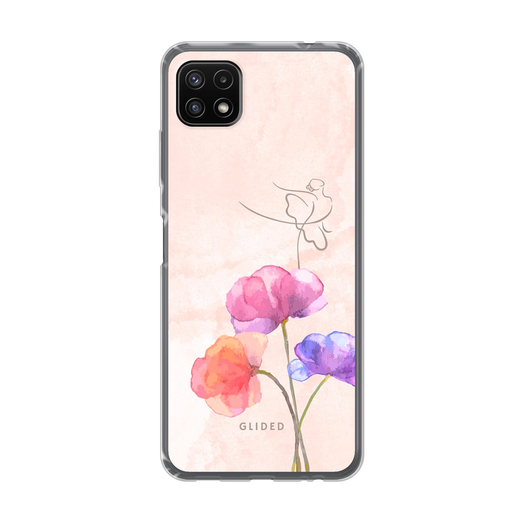 Blossom Handyhülle für Samsung Galaxy A22 5G mit Ballerina-Design auf einer Blume in zarten Pastellfarben.