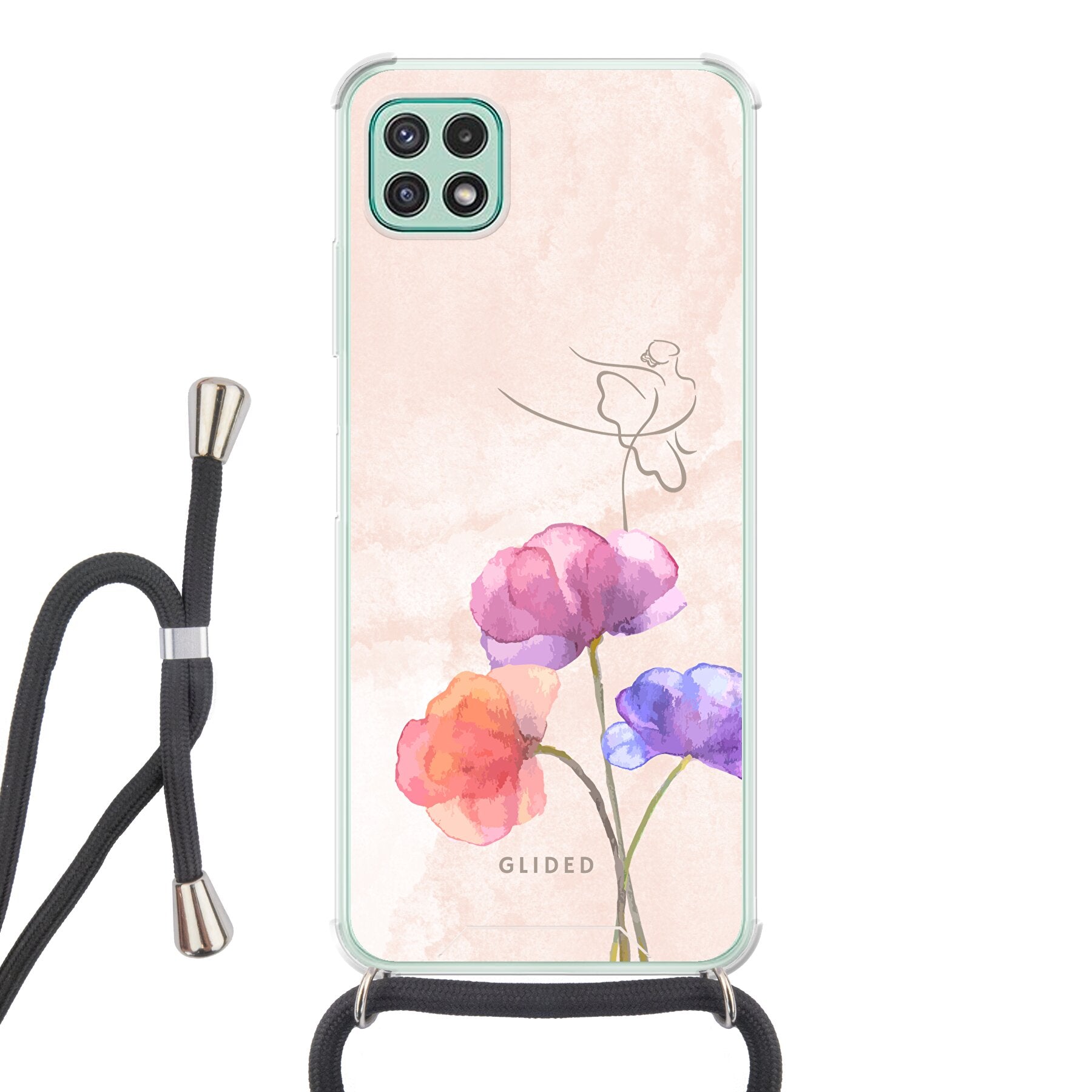 Blossom Handyhülle für Samsung Galaxy A22 5G mit Ballerina-Design auf einer Blume in zarten Pastellfarben.