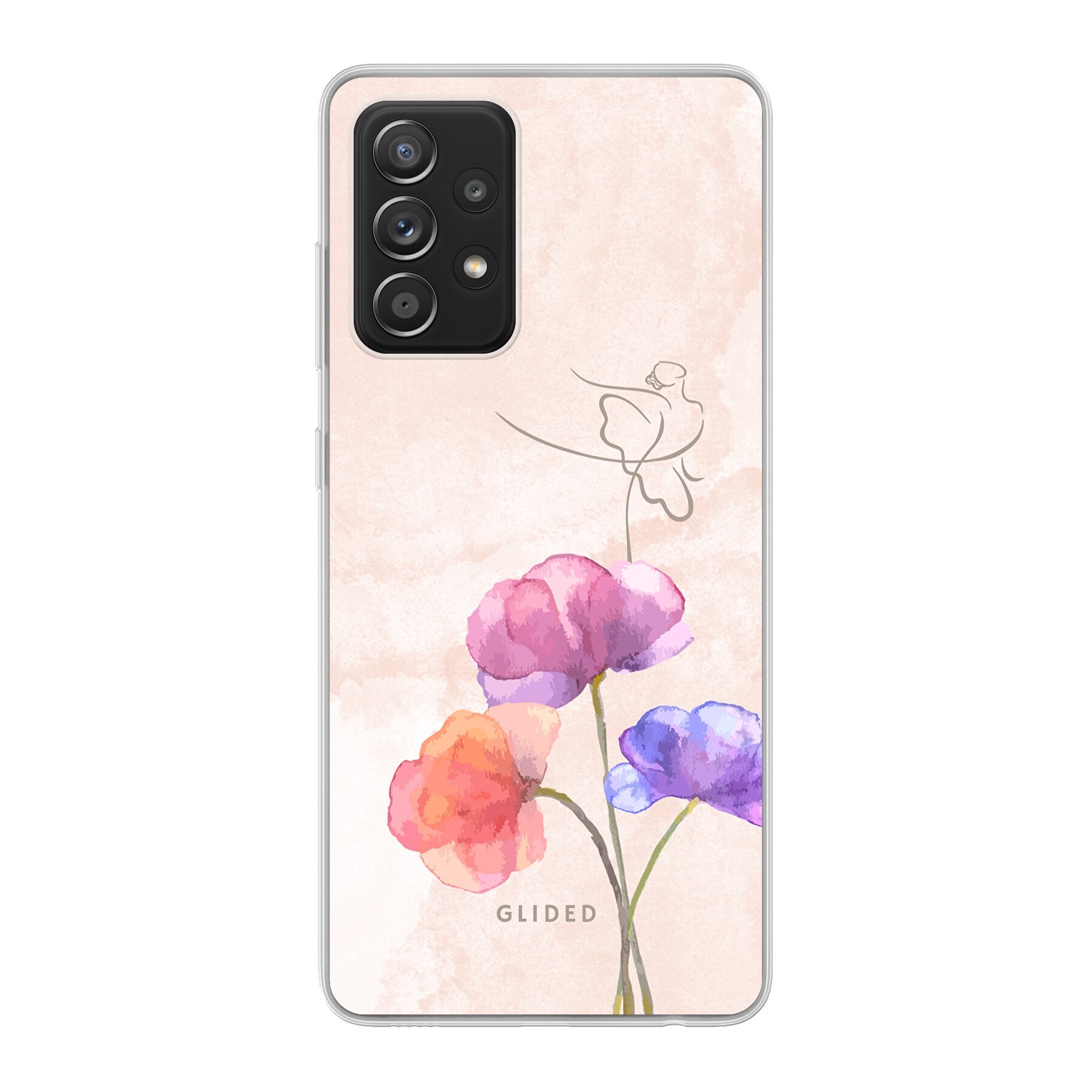 Blossom Handyhülle für Samsung Galaxy A52 mit Ballerina-Design auf einer Blume in zarten Pastellfarben.