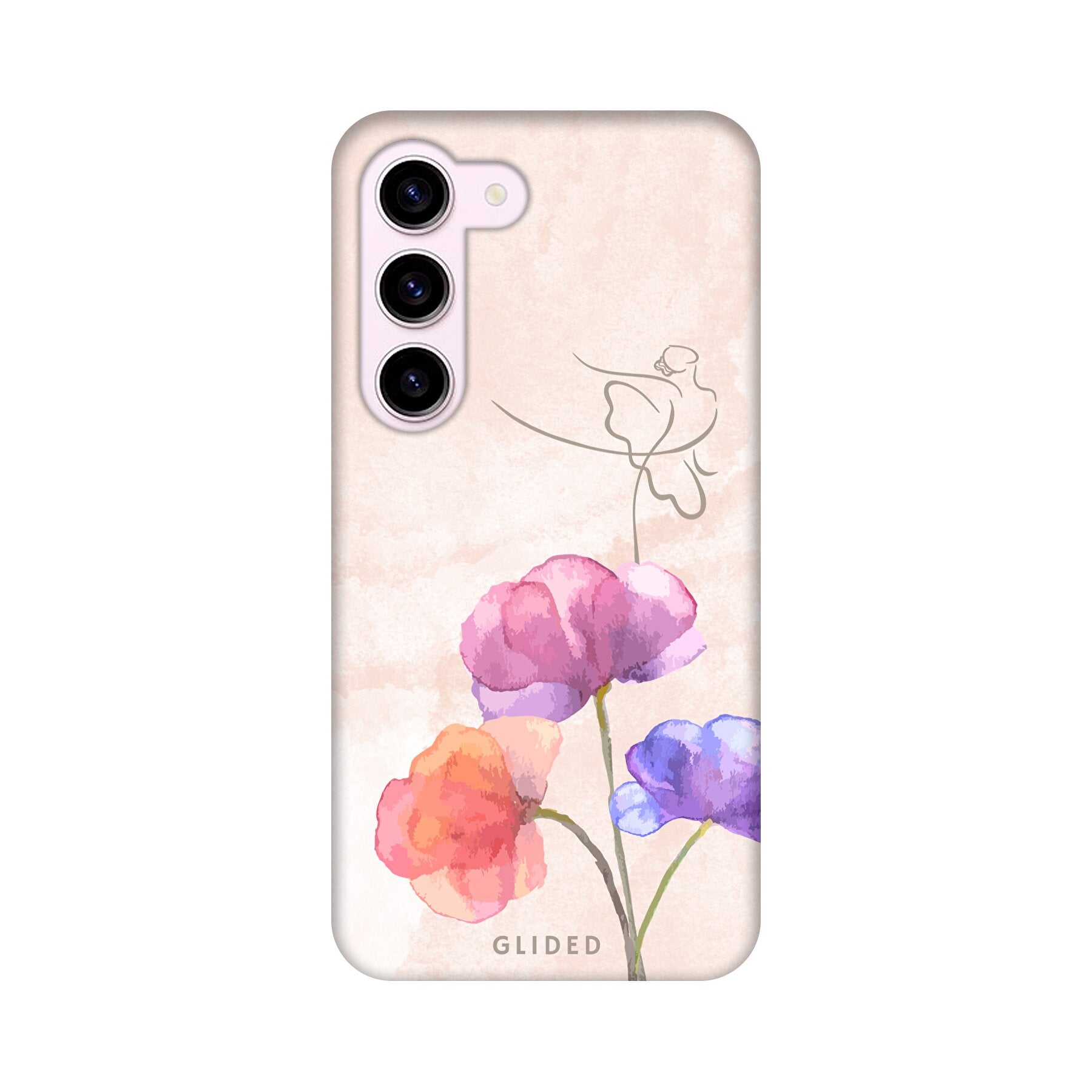 Blossom Handyhülle für Samsung Galaxy S23 mit Ballerina-Design auf einer Blume in zarten Pastellfarben.