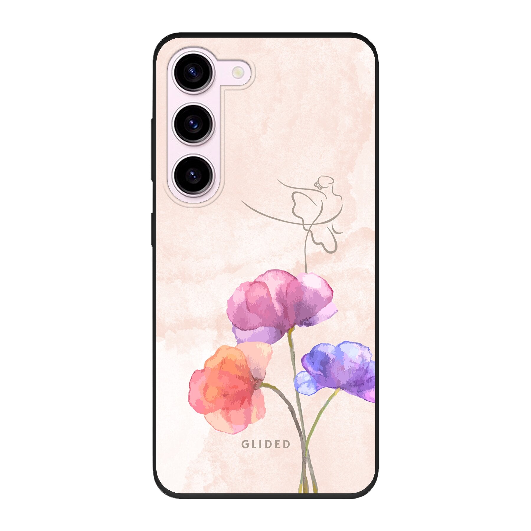 Blossom Handyhülle für Samsung Galaxy S23 mit Ballerina-Design auf einer Blume in zarten Pastellfarben.