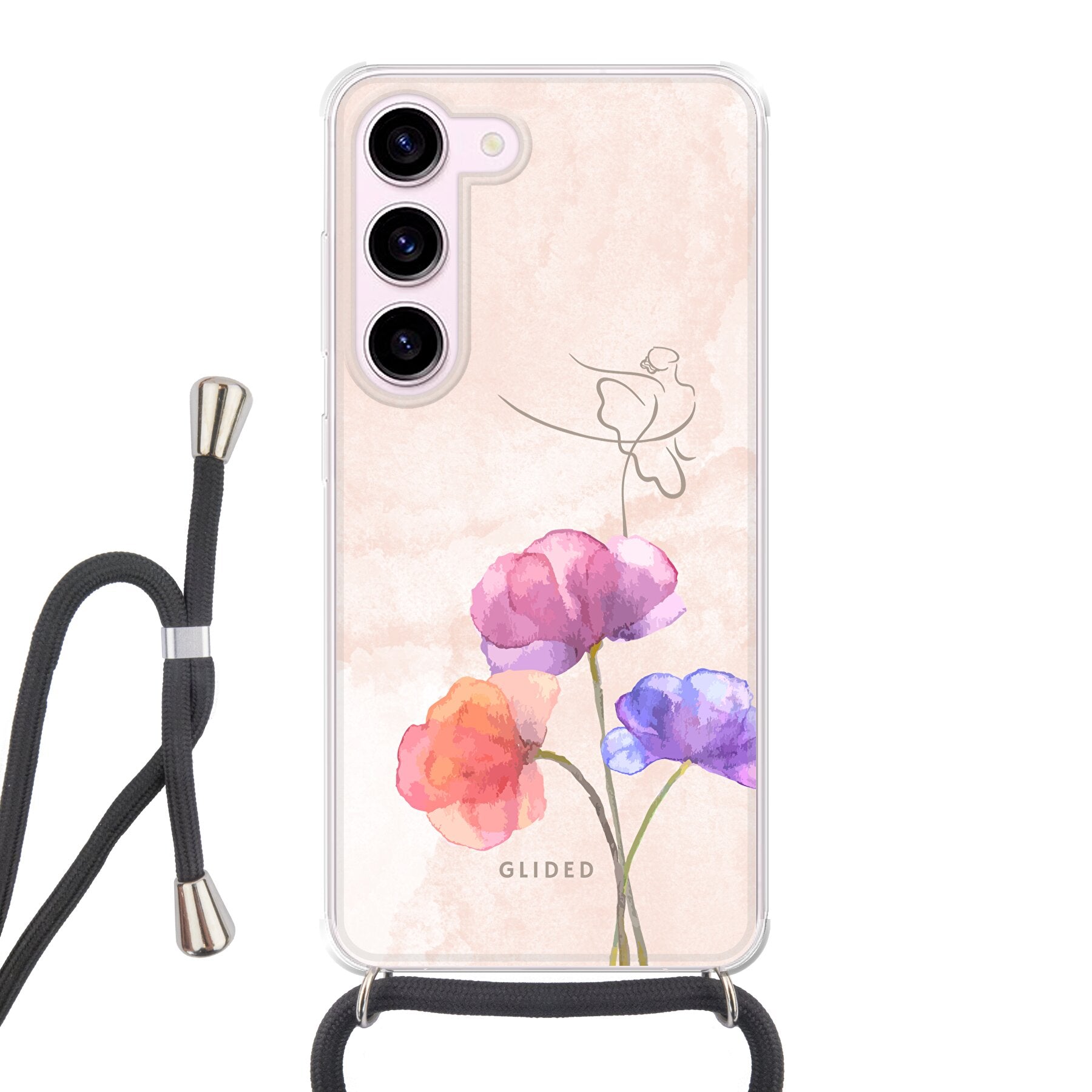 Blossom Handyhülle für Samsung Galaxy S23 mit Ballerina-Design auf einer Blume in zarten Pastellfarben.