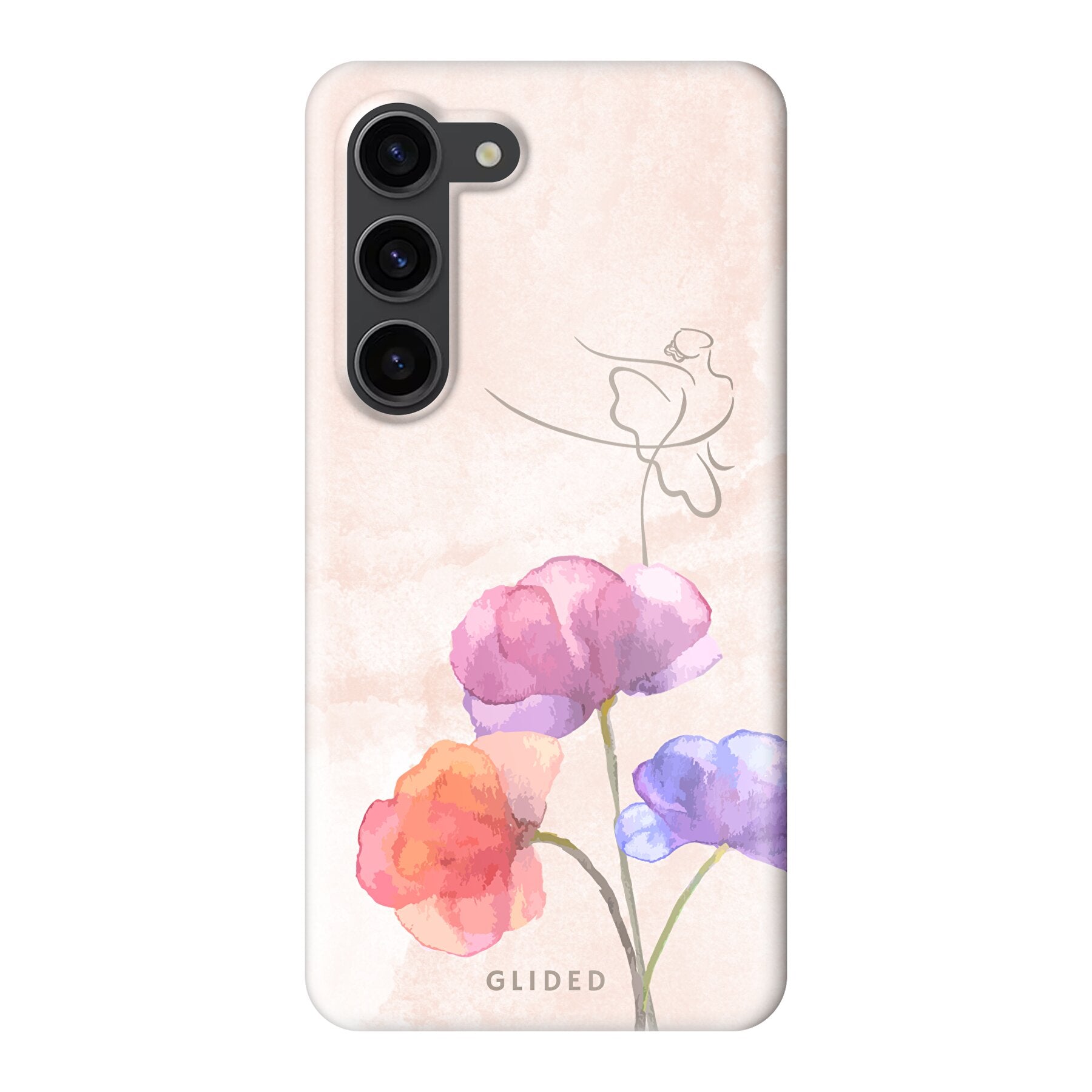 Blossom Handyhülle für Samsung Galaxy S23 mit Ballerina-Design auf einer Blume in zarten Pastellfarben.