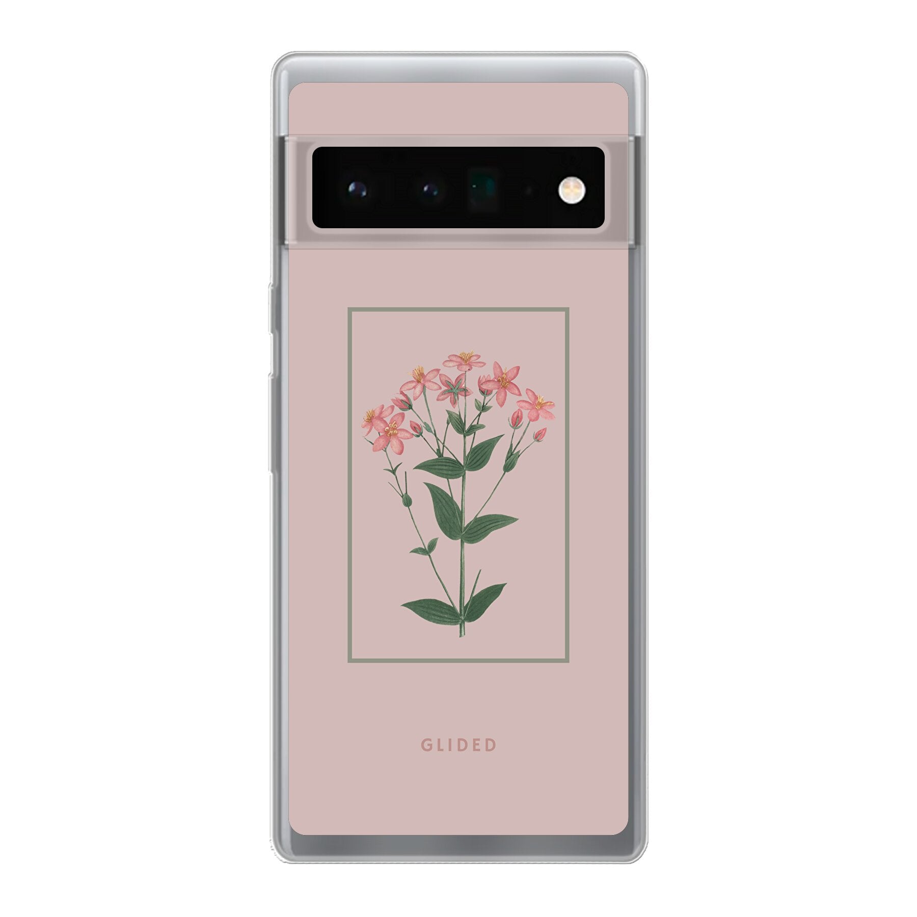 Blossy Google Pixel 6 Pro Handyhülle mit rosafarbenen Blumen auf beigem Hintergrund, stilvoll und schützend.