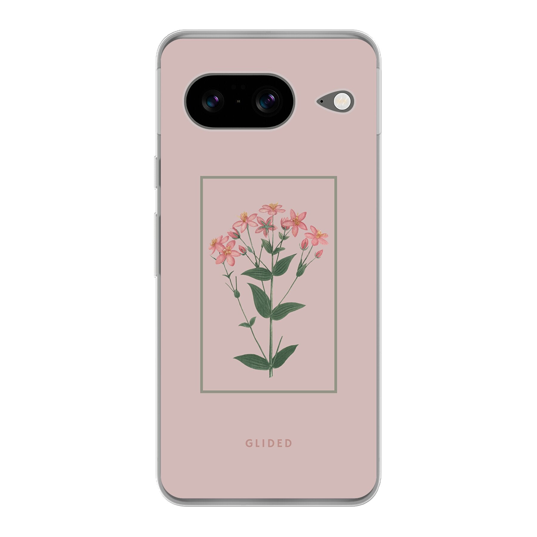 Blossy Google Pixel 8 Handyhülle mit rosafarbenen Blumen auf beigem Hintergrund, stilvoll und schützend.