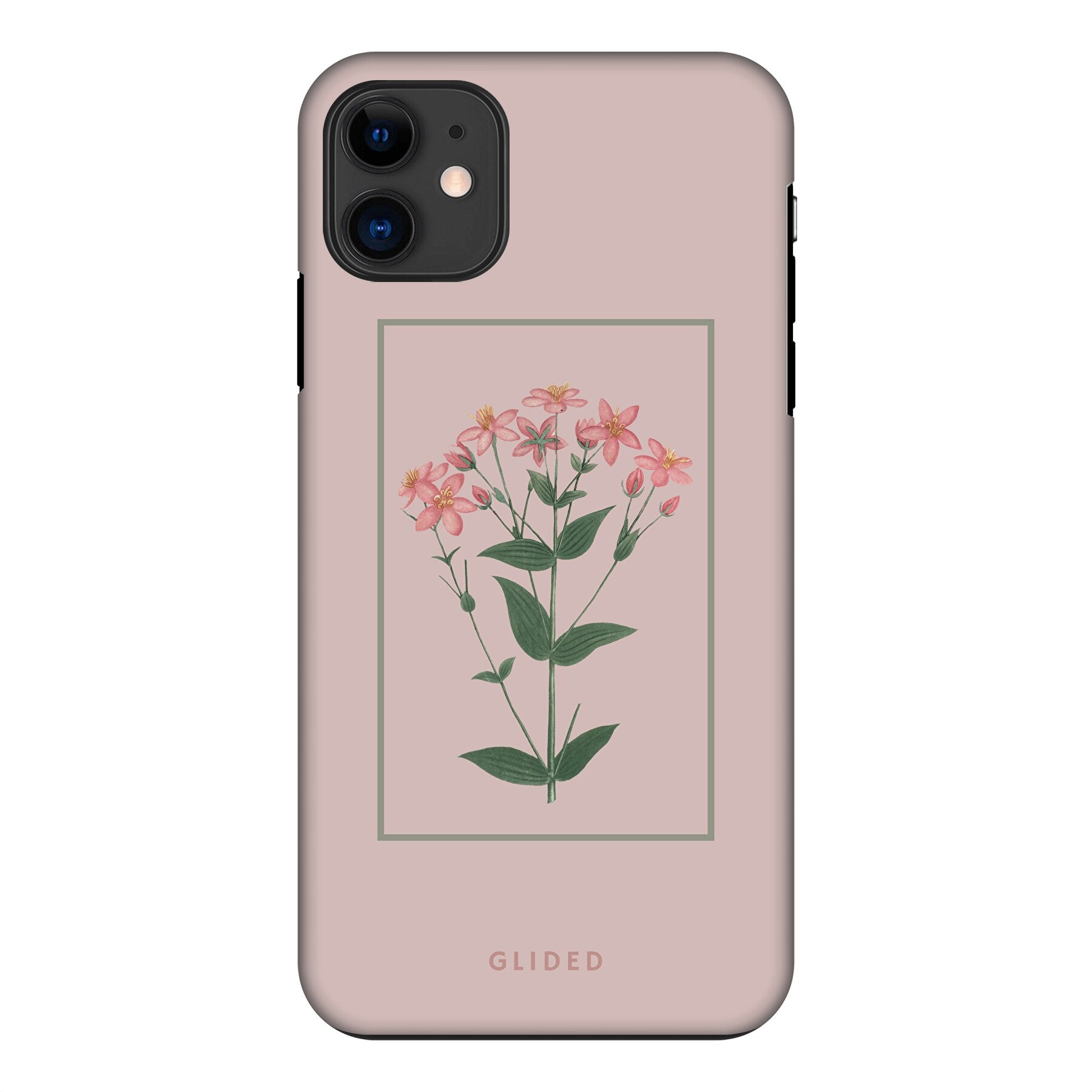 Blossy iPhone 11 Handyhülle mit rosafarbenen Blumen auf beigem Hintergrund, stilvoll und schützend.