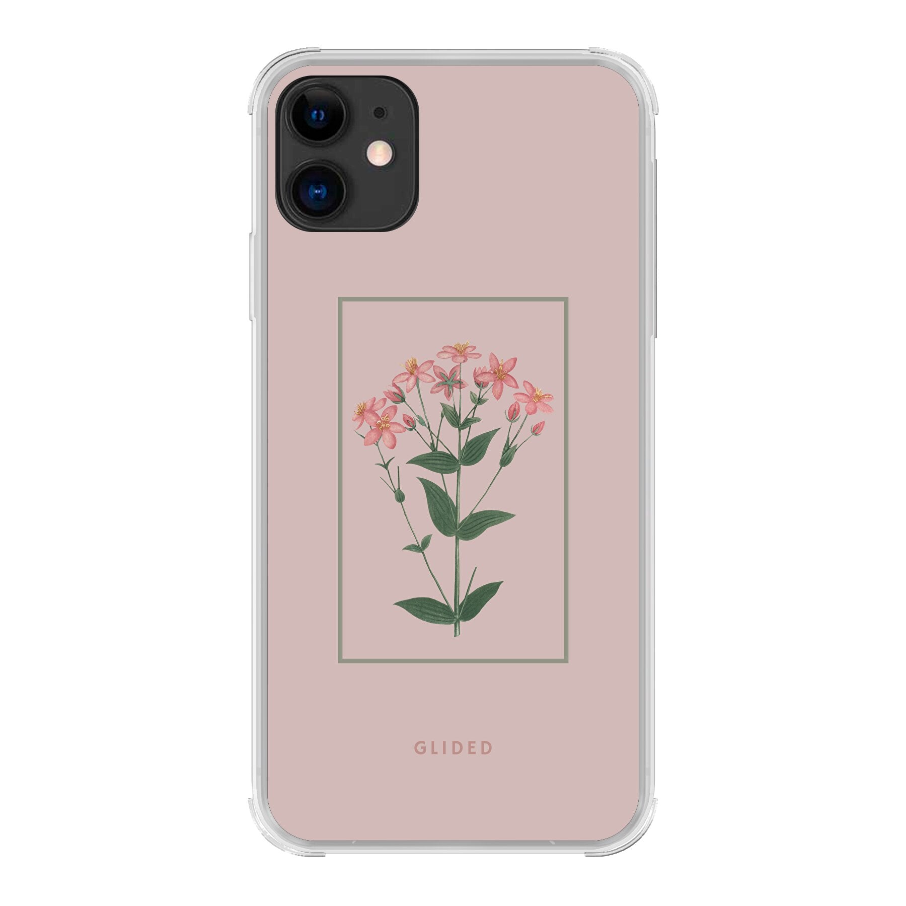 Blossy iPhone 11 Handyhülle mit rosafarbenen Blumen auf beigem Hintergrund, stilvoll und schützend.