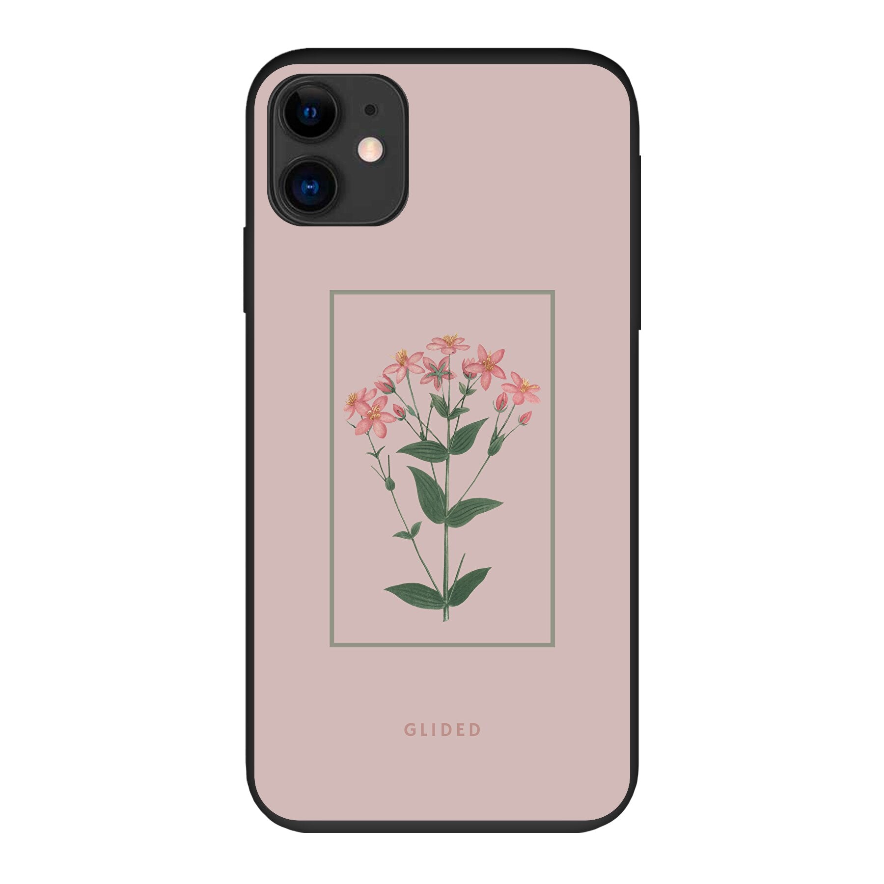 Blossy iPhone 11 Handyhülle mit rosafarbenen Blumen auf beigem Hintergrund, stilvoll und schützend.