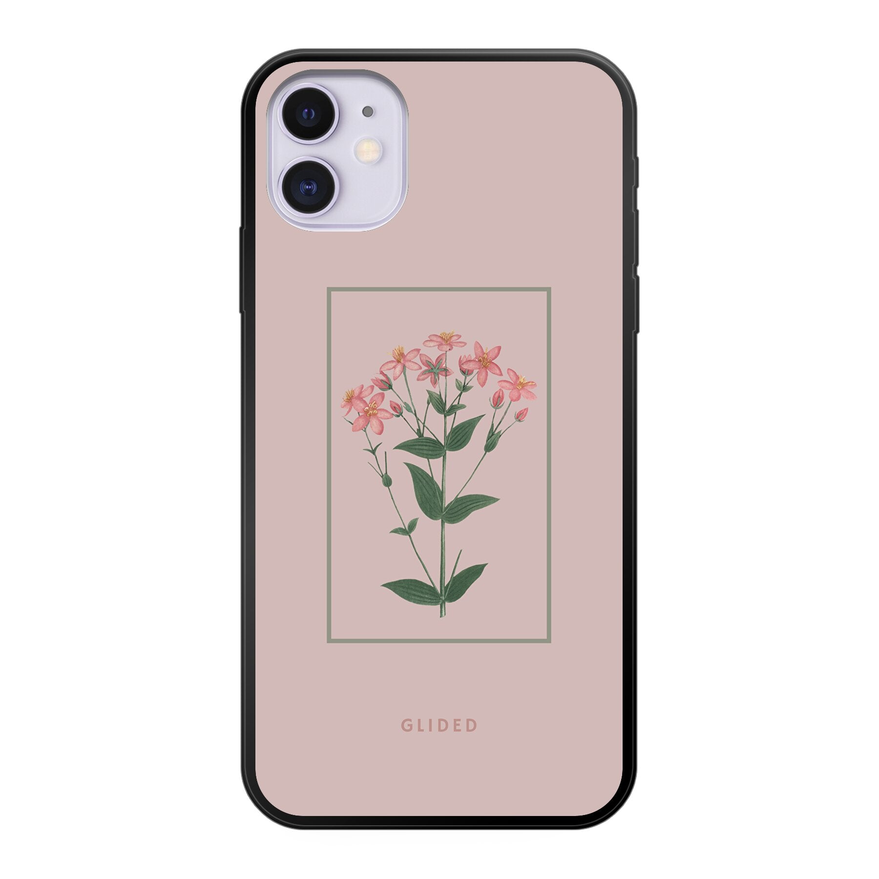 Blossy iPhone 11 Handyhülle mit rosafarbenen Blumen auf beigem Hintergrund, stilvoll und schützend.