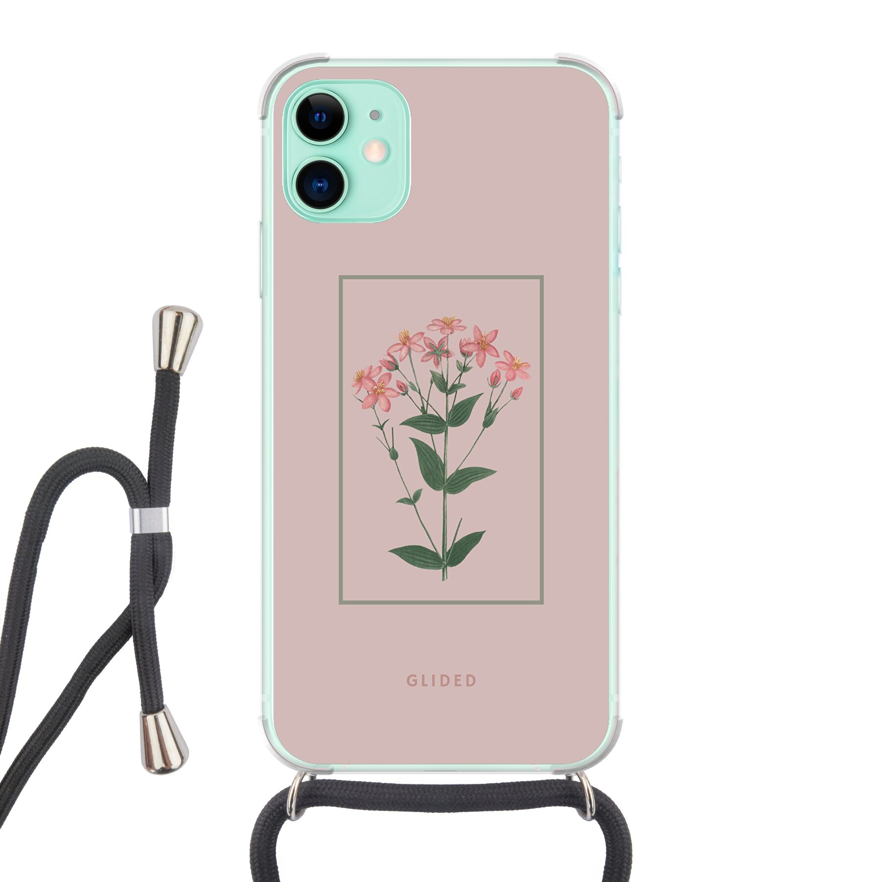 Blossy iPhone 11 Handyhülle mit rosafarbenen Blumen auf beigem Hintergrund, stilvoll und schützend.