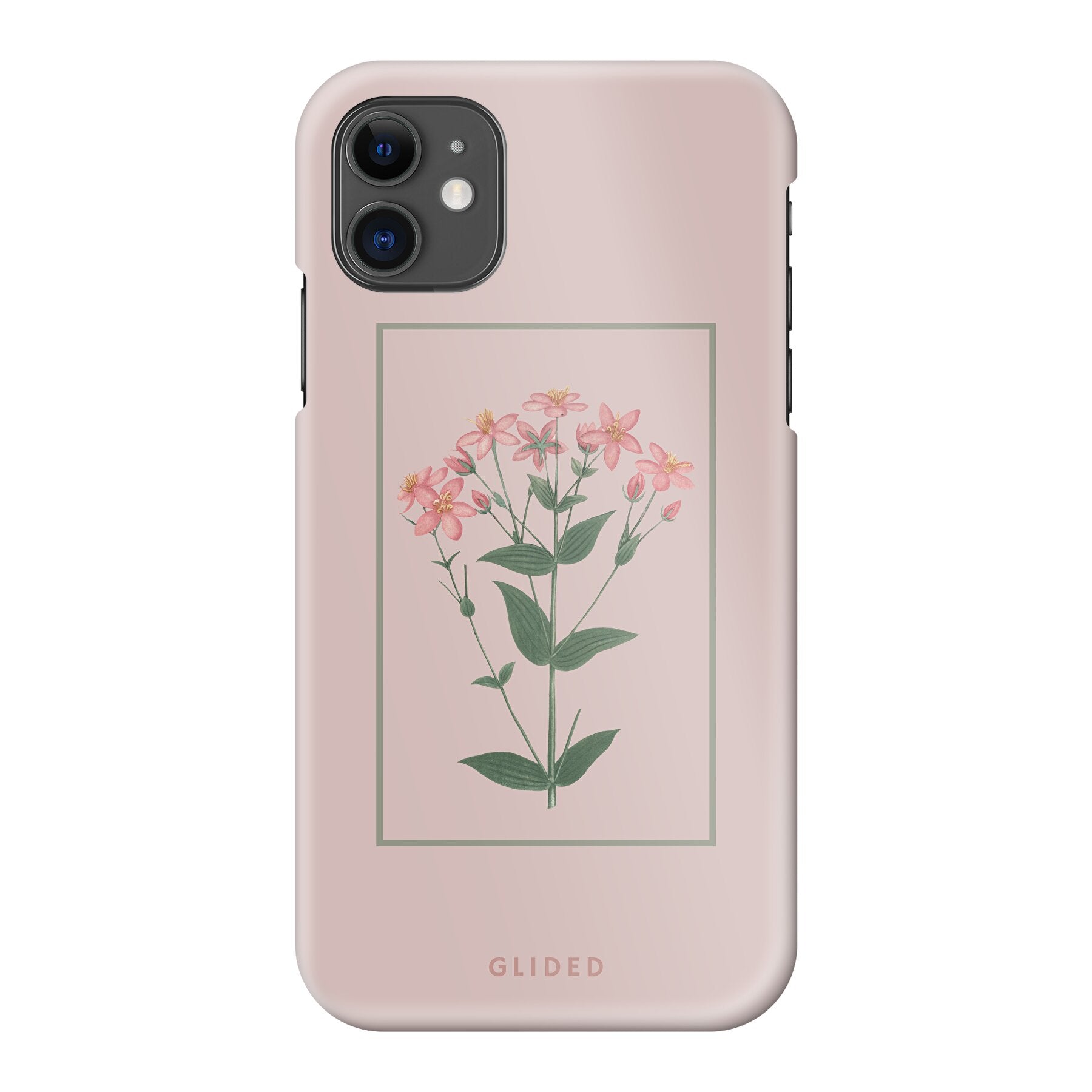 Blossy iPhone 11 Handyhülle mit rosafarbenen Blumen auf beigem Hintergrund, stilvoll und schützend.