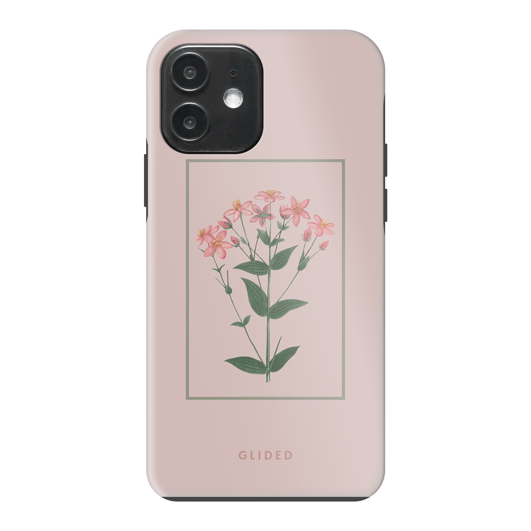 Blossy iPhone 12 Handyhülle mit rosafarbenen Blumen auf beigem Hintergrund, stilvoll und schützend.