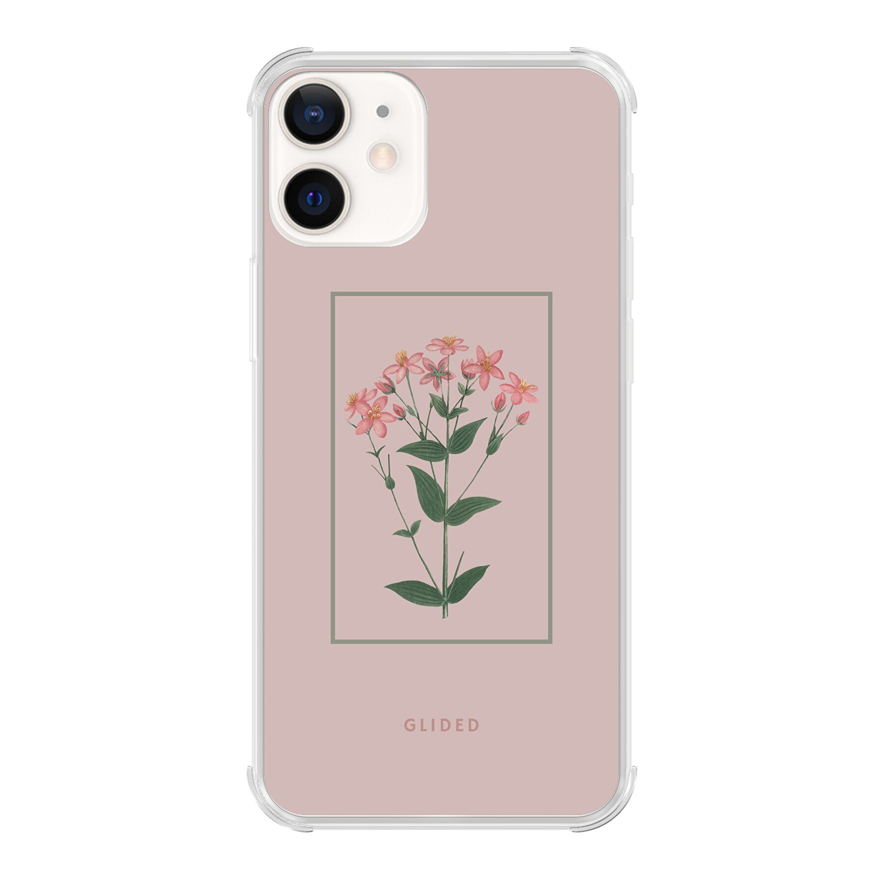 Blossy iPhone 12 Handyhülle mit rosafarbenen Blumen auf beigem Hintergrund, stilvoll und schützend.