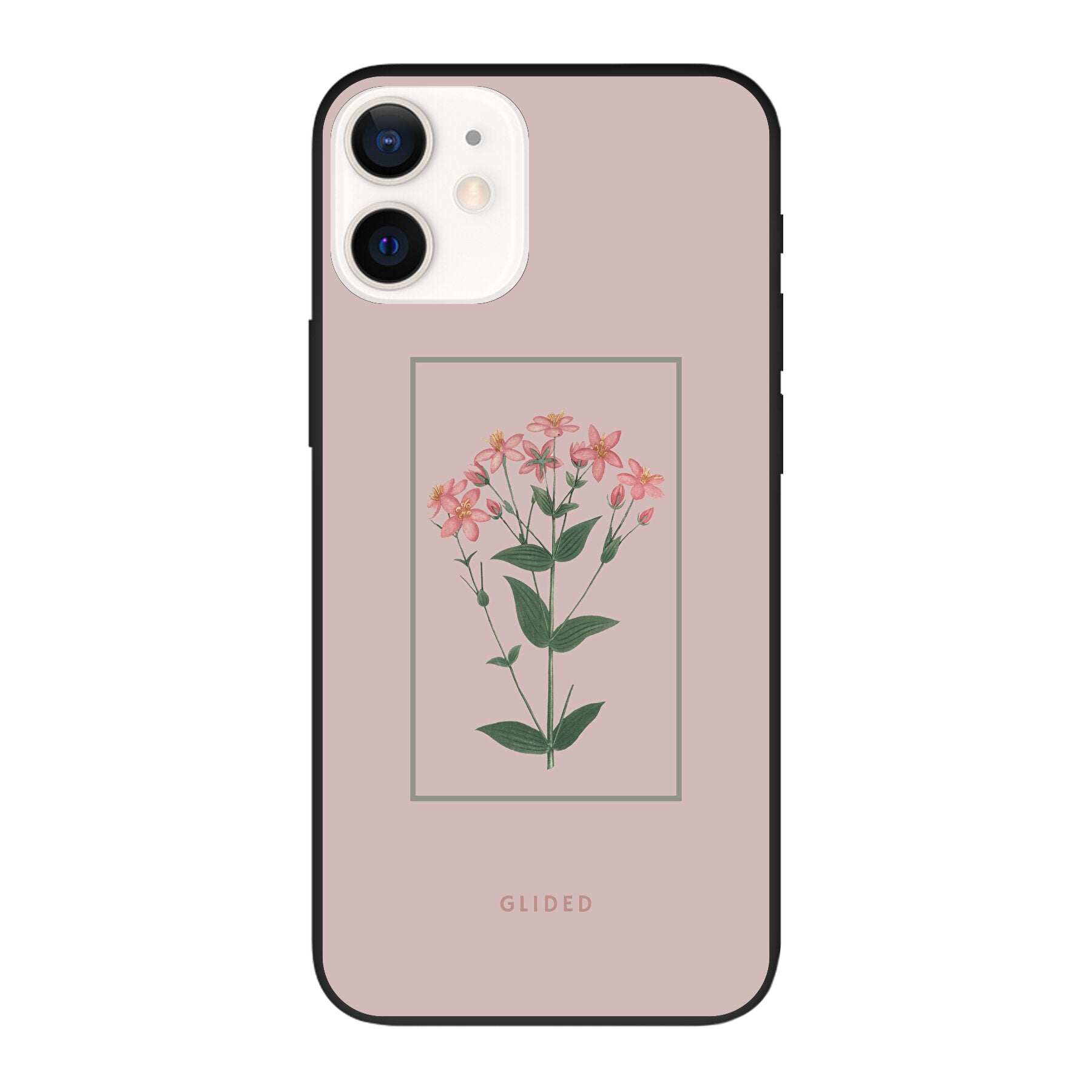 Blossy iPhone 12 Handyhülle mit rosafarbenen Blumen auf beigem Hintergrund, stilvoll und schützend.